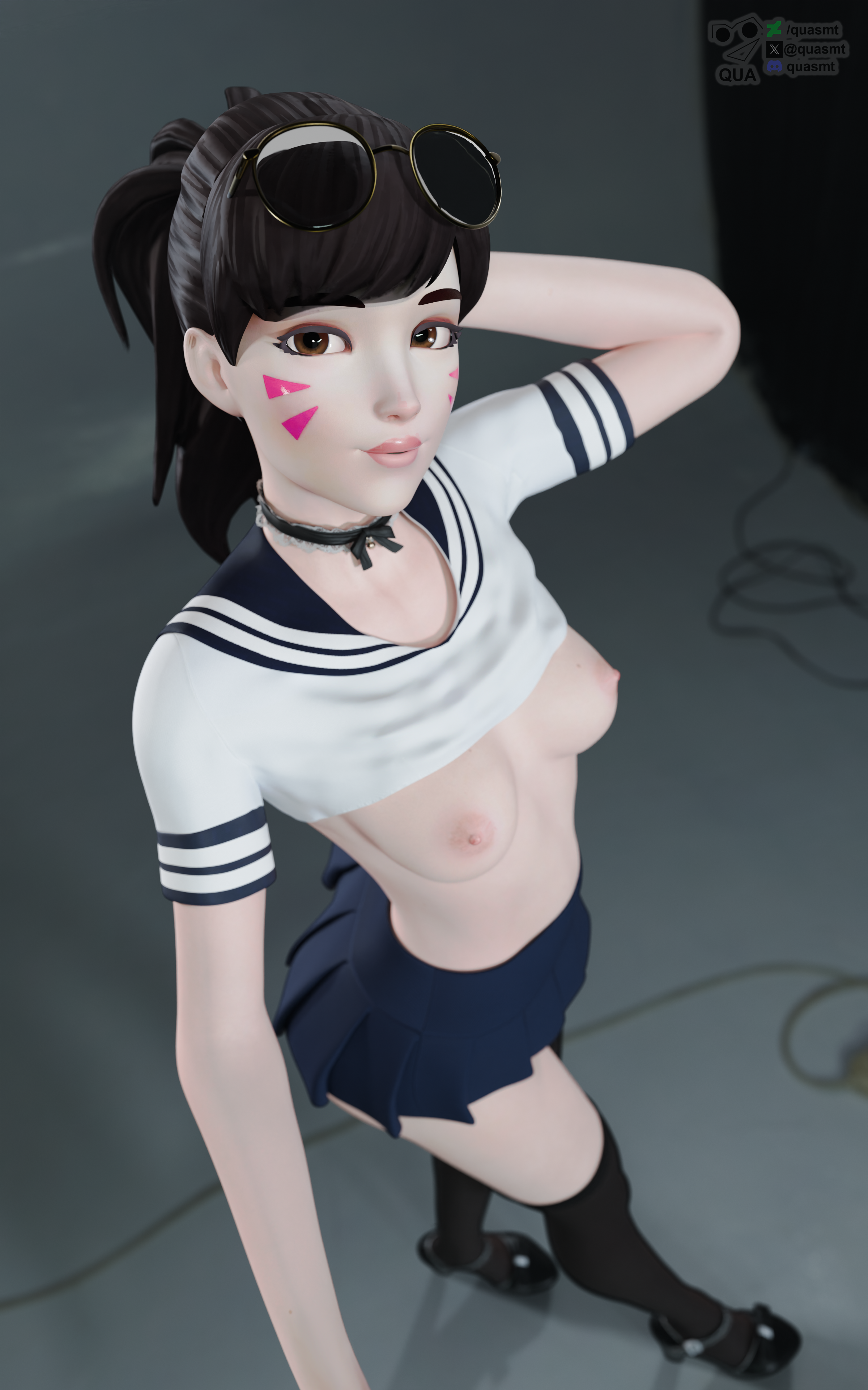 1girls, 3d, blender, breasts, breasts out, d.va, female, female focus, female only, glasses, glasses on head, overwatch, ponytail, qua, school uniform, schoolgirl d.va, selfie, shirt lift, shirt up, skirt, small breasts, stockings