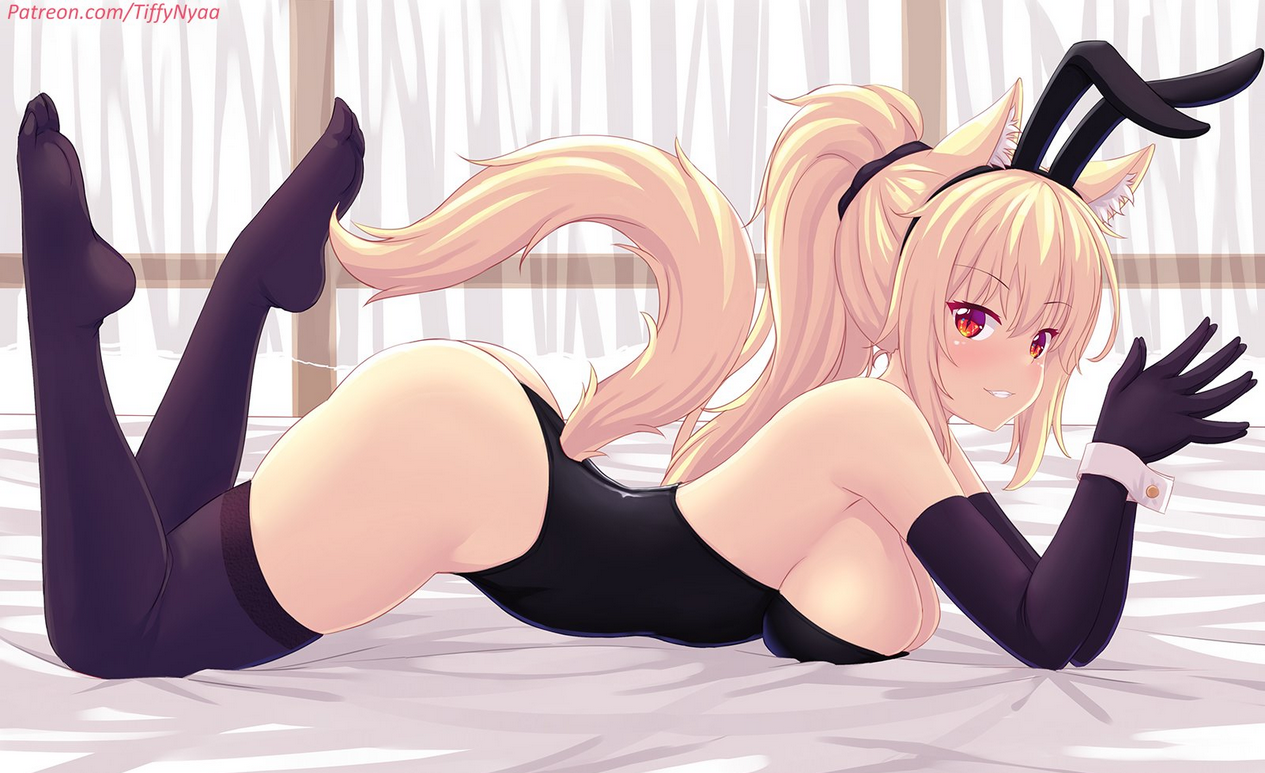 animal ears, ass, big breasts, blonde hair, blush, breasts, bunnysuit, cat ears, cat tail, fake animal ears, female, gloves, grin, hair ornament, leggings, light skin, light-skinned female, long gloves, long hair, long-haired female, looking at viewer, lying, lying on stomach, ponytail, red eyes, slit pupils, stockings, tail, thighhighs, thighs, tiffy, tiffynyaa, wrist cuffs