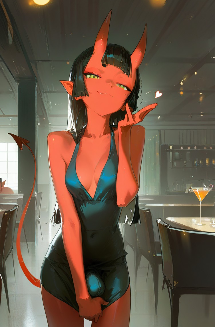 ai_generated bar black_dress black_hair breasts bulge bulge_through_clothing chair complex_background dannyhandy demon_girl demon_horns eyebrows green_eyes heart horns long_hair looking_at_viewer penis pointy_ears pulling_clothing red_skin succubus succubus_horns succubus_tail wine_glass