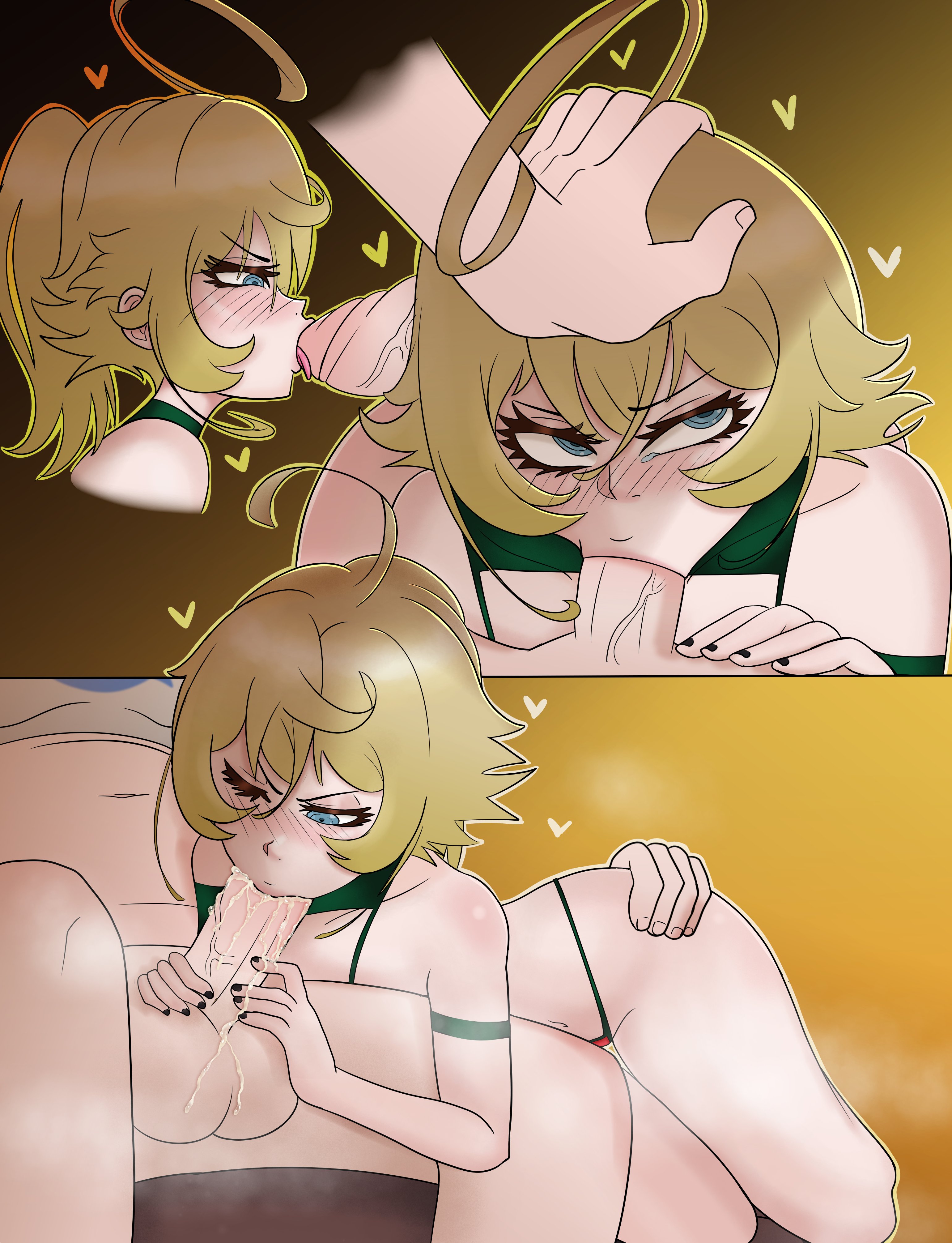 axl vegeta, blonde hair, blowjob, blue eyes, blush, drinking cum, headpat, tanya degurechaff, youjo senki