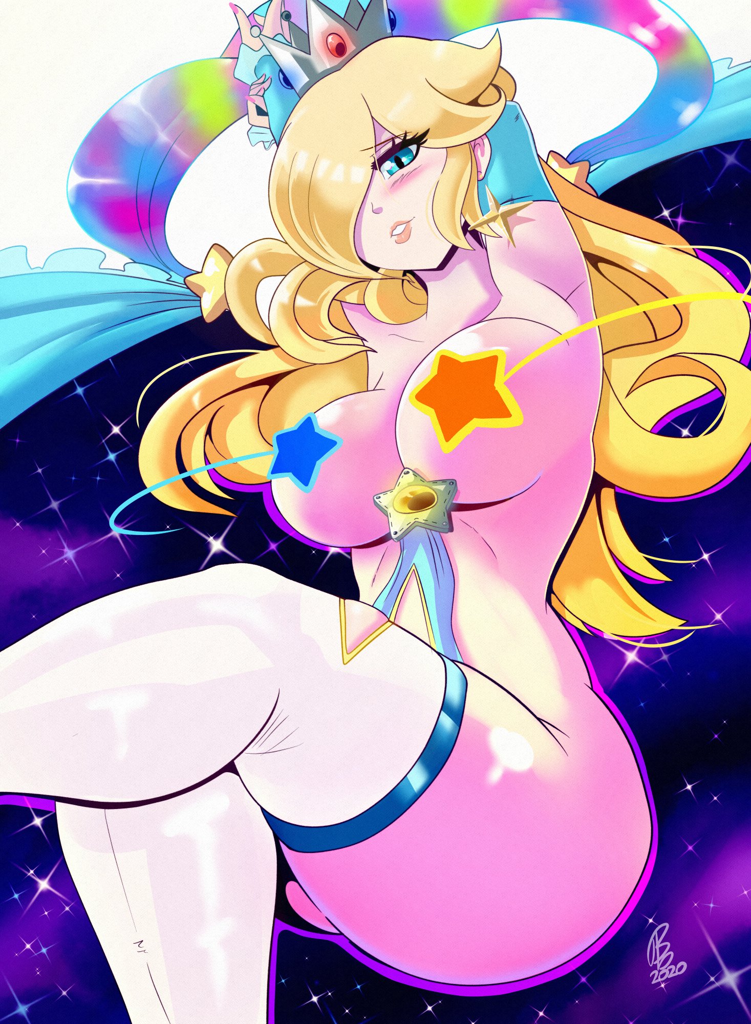 1girls, benbeau, blonde hair, blue eyes, blush, breasts, convenient censoring, crown, earrings, female, female only, goddess rosalina (awesomeerix), hair over one eye, human, human only, jewelry, large breasts, legwear, long hair, mario (series), nintendo, princess rosalina, solo, super mario galaxy, thighhighs