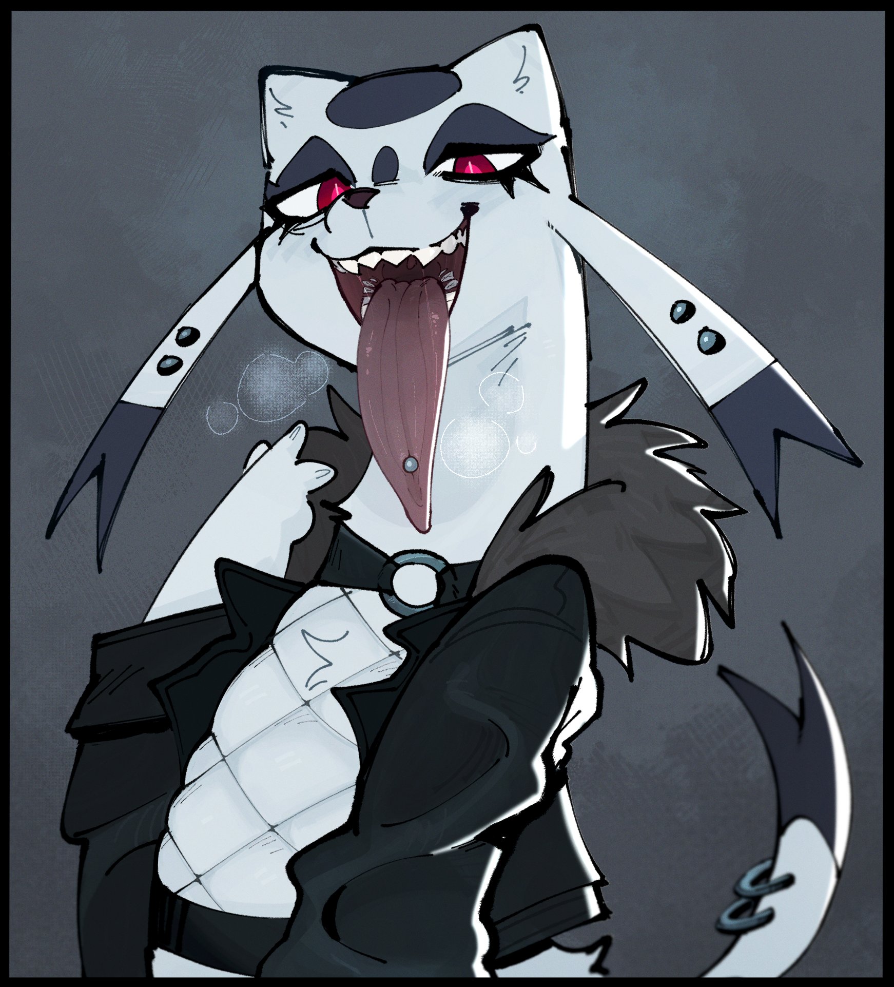 anthro, anthro only, blank background, clothing, female, female focus, female only, fur, furry, furry female, furry only, goonie-san, long tongue, looking at viewer, mienshao, nintendo, open smile, piercing, pokemon, pokemon (species), pov eye contact, punk, punk girl, red eyes, sharp teeth, smile, tongue, tongue out, tongue piercing, twitter link, uvula