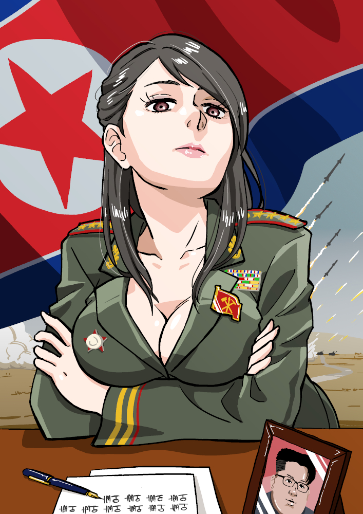 1girls 2020 asian black_hair breasts clothed collarbone crossed_arms desk eyelashes female female_only human kim_yo-jong large_breasts lipstick looking_at_viewer military_uniform north_korea north_korean_flag pen pink_lipstick scary_woman smalltung smug solo uniform upper_body