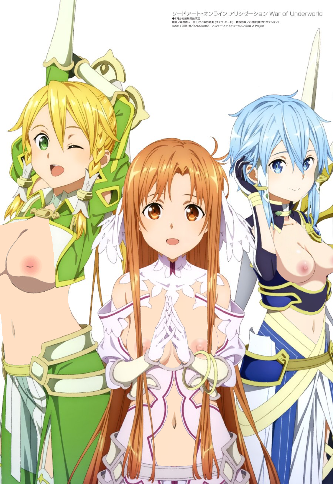 3girls, asada shino, asuna (stacia) (sao), blonde hair, blue hair, breasts, breasts out, brown hair, edit, female, kirigaya suguha, leafa, leafa (terraria) (sao), multiple girls, nakamura naoto, nipples, nude, nude filter, pov, sinon, sinon (solus), smile, sword art online, sword art online: alicization, sword art online: alicization - war of underworld, third-party edit, yuuki asuna