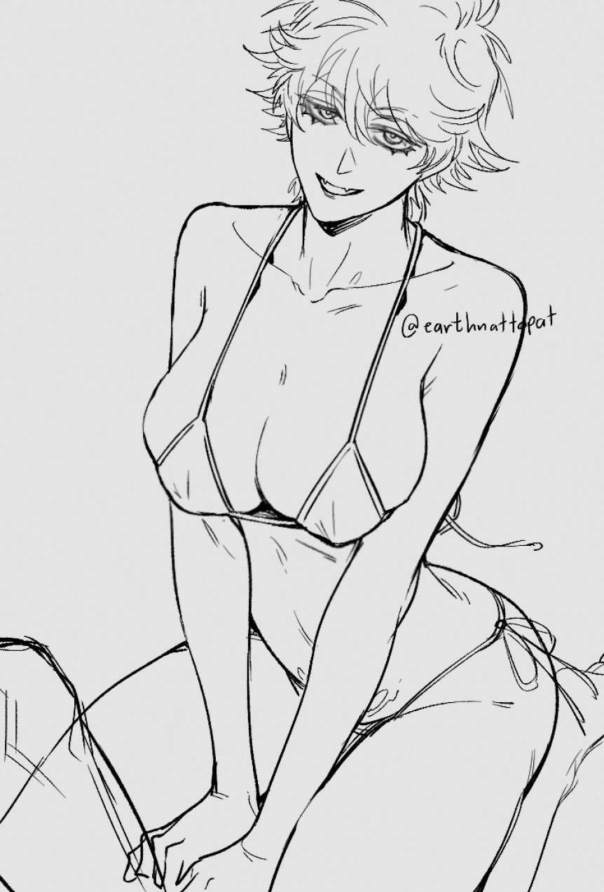 1girls big_breasts bikini canon_genderswap cleavage earthnattapat female female_only genderswap_(mtf) ginko_sakata gintama gintoki_sakata looking_at_viewer monochrome rule_63 short_hair sitting smile solo swimsuit very_short_hair