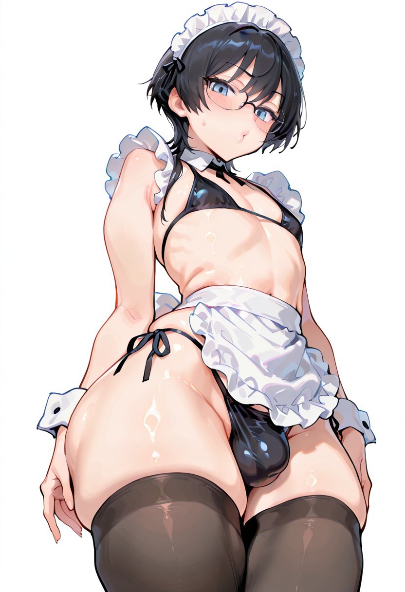 1boy 1femboy 2025 ai_generated alternate_version_available bikini bikini_bottom bikini_top bulge crossdressing femboy feminine_male hips maid maid_outfit maid_uniform male messissyah original original_character solo thighs trap wide_hips wrist_cuffs