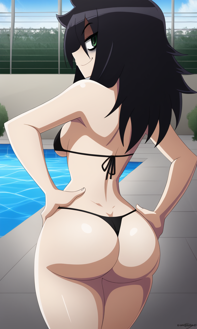 ai_generated ass_focus back_view bags_under_eyes bikini black_hair hair_sheen hands_on_hips kuroki_tomoko kuroki_tomoko pool poolside swimsuit watashi_ga_motenai_no_wa_dou_kangaetemo_omaera_ga_warui!