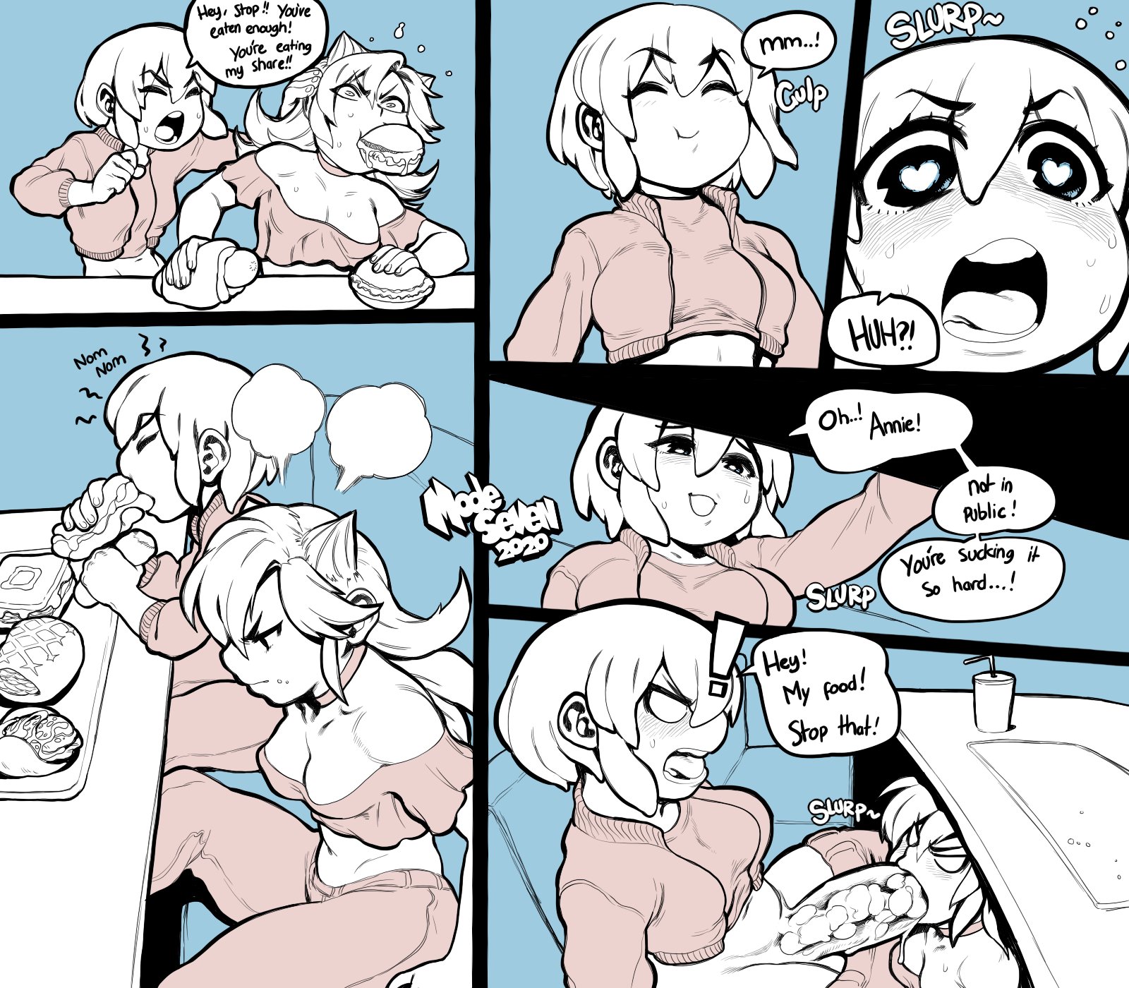 ami dixie, aniece, dickgirl, fellatio, female, futanari, goo girl, hamburger, intersex, modeseven, near monochrome, pleasure face, public, tagme, text, under the table