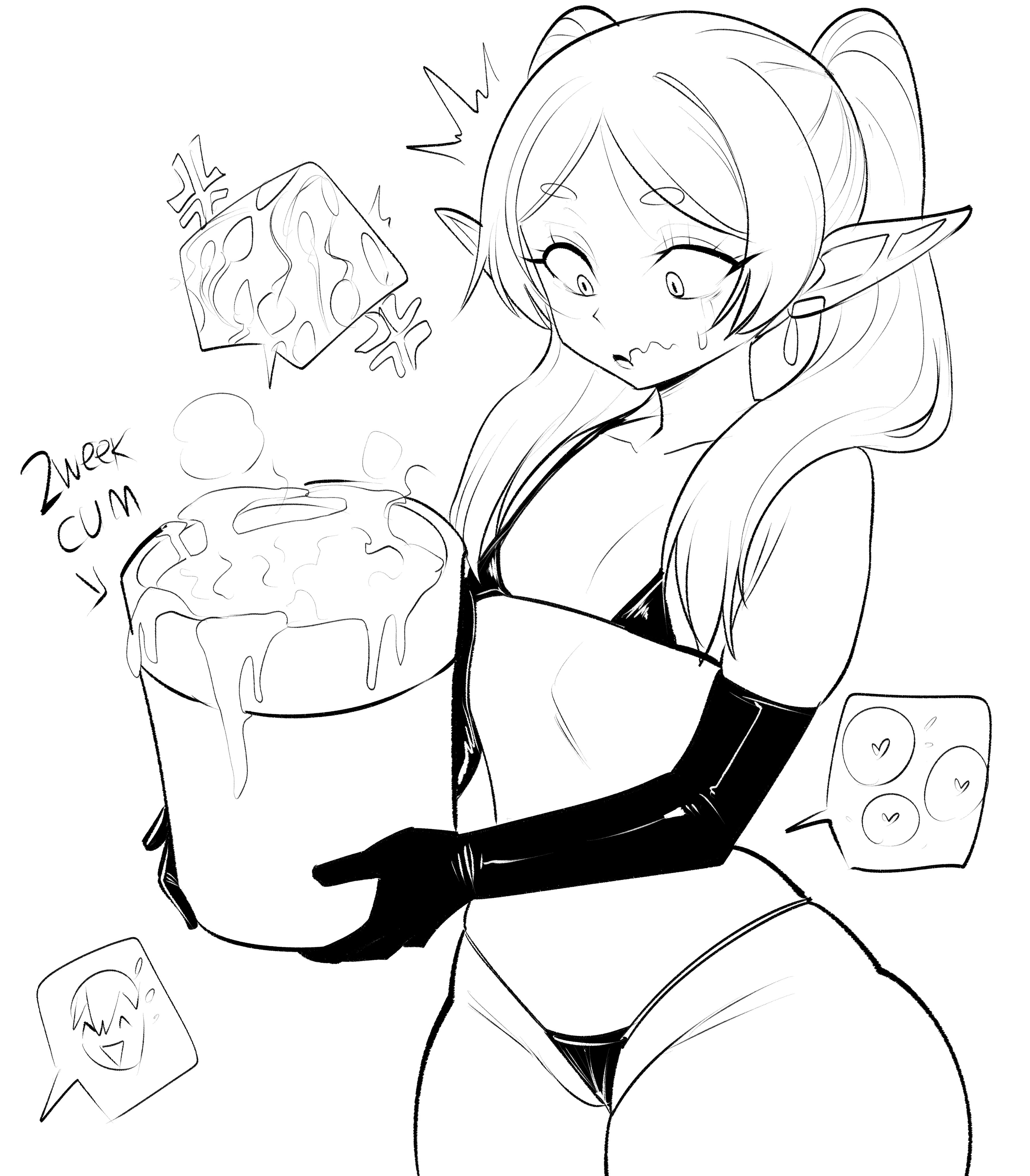 bikini, black and white, breasts, cum in container, english text, female, frieren, frieren beyond journey's end, geulimykun (skbyunea413), himmel (sousou no frieren), monochrome, sketch, small breasts, sousou no frieren, stray pubic hair, tagme, wide hips