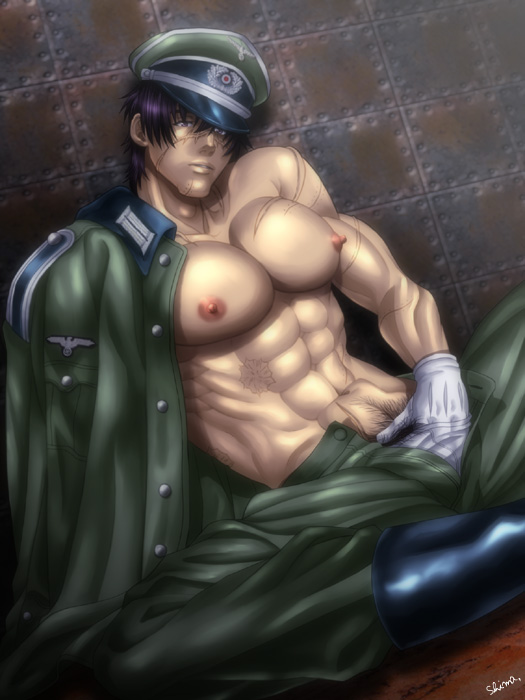 abs artist_request bara color erect_nipples hand_in_underwear hat jacket male male_only mostly_clothed muscle muscles open_clothes open_fly open_shirt pecs pumpkin_scissors purple_hair randal_orlando scars shirtless solo spread_legs undressing uniform yaoi