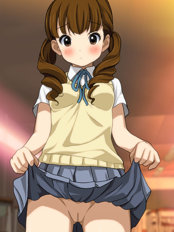 brown_eyes brown_hair female female_only human human_only k-on! no_panties pointy_chin pussy ribbon ryunnu school_uniform skirt skirt_lift solo tied_hair twintails uncensored vest wakaoji_ichigo_(k-on!)