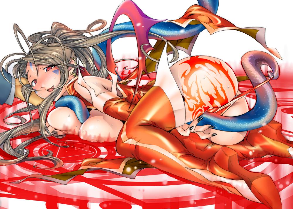 belldandy blush boots clothing consensual_tentacles cute_fang female happy jewelry kneeling large_breasts magic_circle myouga nail nails oh_my_goddess! panties panty_pull red_eyes stockings tattoo tentacle thighhighs thong underwear zoophilia