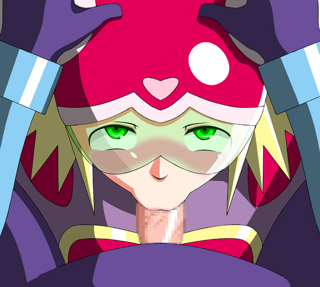 blonde_hair censored erection fellatio geo_stelar green-tinted_eyewear green_hair hair hand_on_head harp_note hibiki_misora looking_at_viewer mega_man mega_man_star_force mosaic_censoring oral penis pov short_hair sonia_strumm subaru_hoshikawa tinted_eyewear visor