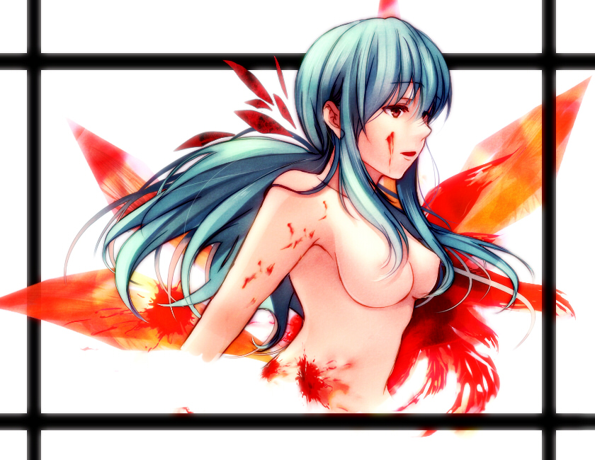 1girls blood breasts female green_hair humanoid koto_(sss) long_hair nipples nude pale-skinned_female pale_skin ponytail red_eyes shounen_jump solo tied_hair yu_yu_hakusho yuki-onna yukina