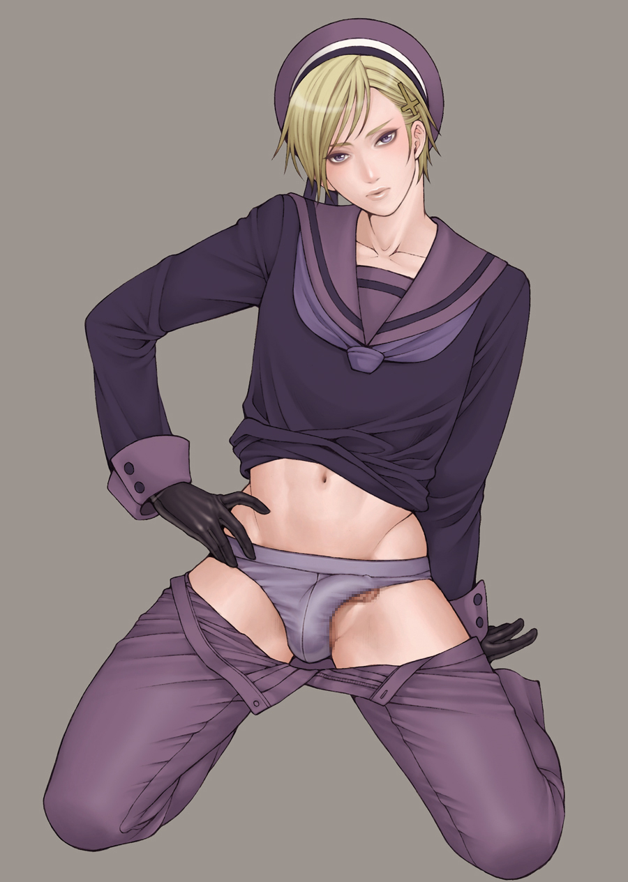 ahoge androgynous axis_powers_hetalia blonde_hair blue_eyes bulge gloves hair_ornament highres lukas_bondevik male male_only navel norway_(hetalia) open_pants penis trap winji