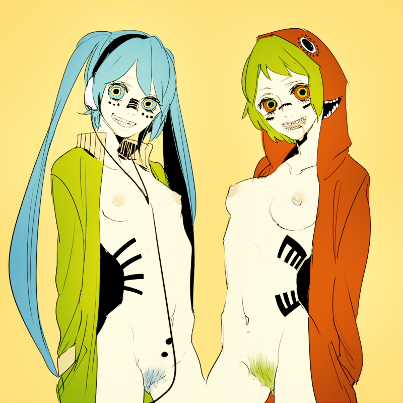 44zou aqua_hair breasts female green_hair hatsune_miku headphones hoodie matryoshka_(vocaloid) megpoid_gumi multicolored_eyes multiple_girls mv_character navel nipple_piercing piercing pubic_hair smile tied_hair twintails vocaloid