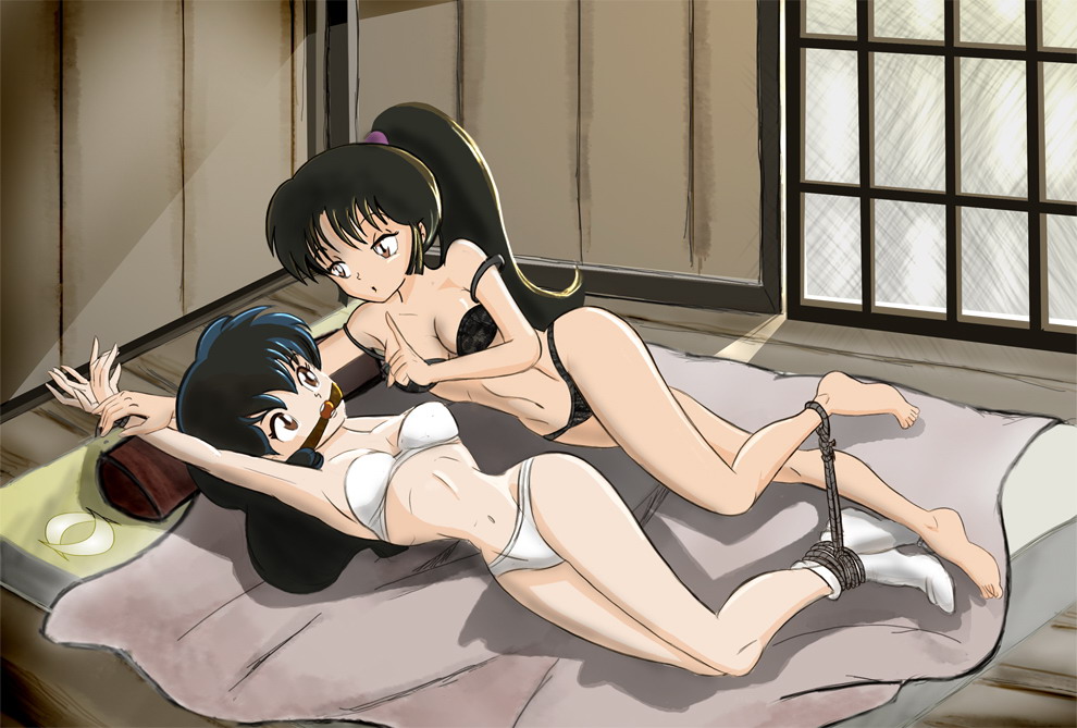 2girls arms_above_head arms_up ball_gag barefoot bed black_bra black_hair black_panties bondage bound bound_together bra brown_eyes brown_hair captured clothed clothes door female female_only femsub gag gagged half_naked in_bed inuyasha kagome_higurashi legs_together lingerie long_hair lying mistereye multiple_girls multiple_subs panties pelt ponytail psst restrained rope ropes sango scrunchie shush socks strapless thighs tied tied_arms tied_hair tied_up underwear white_bra white_panties yuri