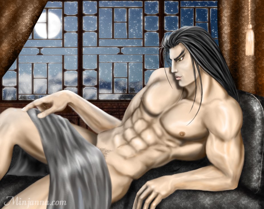 1boy abs asian asian_male bara black_hair brown_eyes bulge couch dynasty_warriors hand_on_leg human human_only light-skinned_male light_skin long_hair long_hair_male lu_bu lying lying_on_couch male male_only minjanna moon muscle muscles muscular muscular_male naked night nipples nude nude_male pecs pubic_hair side_view six_pack snow solo solo_male towel vein veins veiny_muscles window