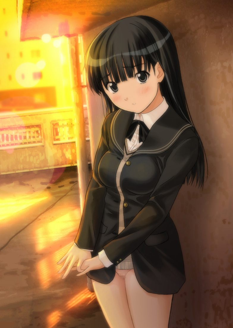 ayatsuji_tsukasa black_eyes black_hair blush bottomless censored long_hair no_panties ryunnu sage_(artist) school_uniform solo