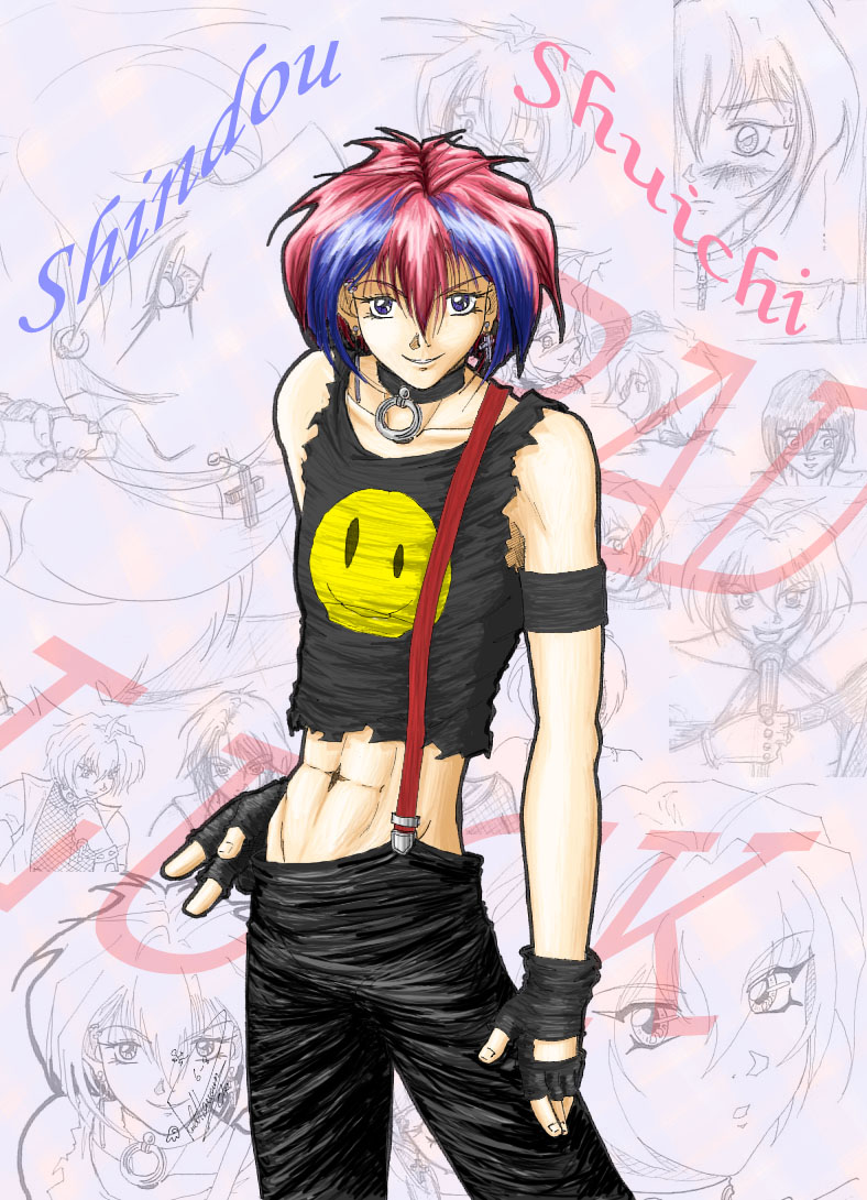 1boy collar earrings gravitation male male_only midriff pink_hair shindou_shuichi solo