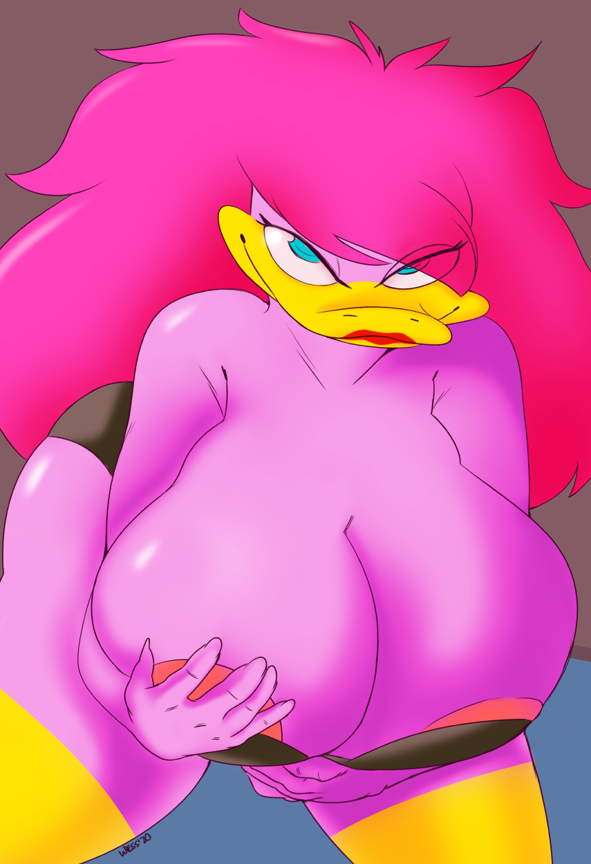 anatid anseriform anthro avian big_breasts bird blue_eyes breasts clothed clothing duck female hair hand_on_breast hi_res huge_breasts looking_at_viewer margot_mallard nipple_outline nipple_slip non-mammal_breasts pink_body purple_hair skimpy soft_feathers solo tiny_toon_adventures warner_brothers wiess