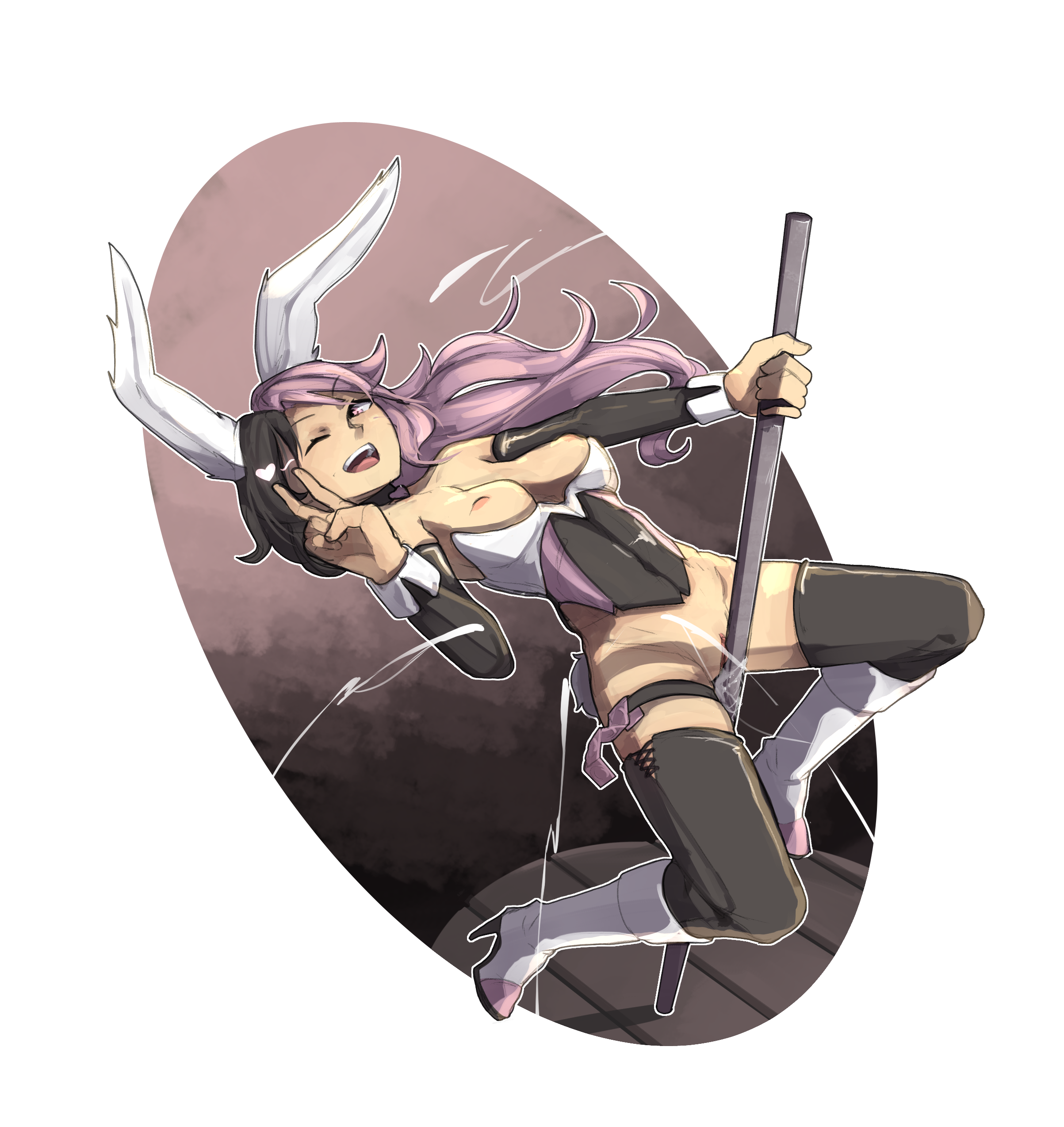 1girls, boots, breasts, breasts out, brown hair, bunny ears, bunny girl, bunnysuit, condom, cum, cumshot, female, heel boots, high heel boots, high heels, knee boots, multicolored hair, neo (rwby), nipples, open mouth, pink eyes, pink hair, playboy bunny, pole, pole dancing, pussy, pussy juice, rwby, shuuko, wink