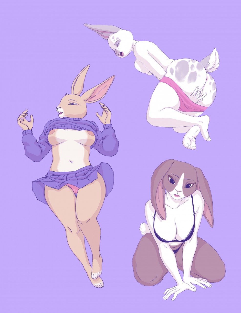 anthro bra breasts cameltoe cleavage closed_eyes clothed clothing domestic_rabbit exposed_breasts female finger_fuck fingering fingering_self group hi_res lagomorph leporid looking_at_viewer looking_pleasured mammal masturbation oryctolagus panties panties_down partially_clothed purple_background pussy rabbit salvation simple_background sweater topwear underwear vaginal_masturbation vaginal_penetration