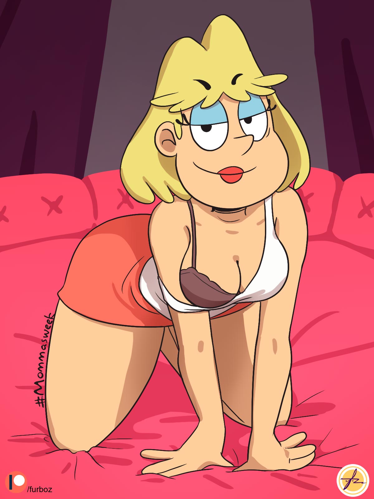 1girls, blonde hair, bra, breasts, cleavage, eye contact, female, female only, furboz, half-closed eyes, holidays, lipstick, looking at viewer, milf, mother, mother's day, nickelodeon, rita loud, shirt down, smile, solo, solo focus, straight hair, tank top, the loud house, thick thighs, thighs