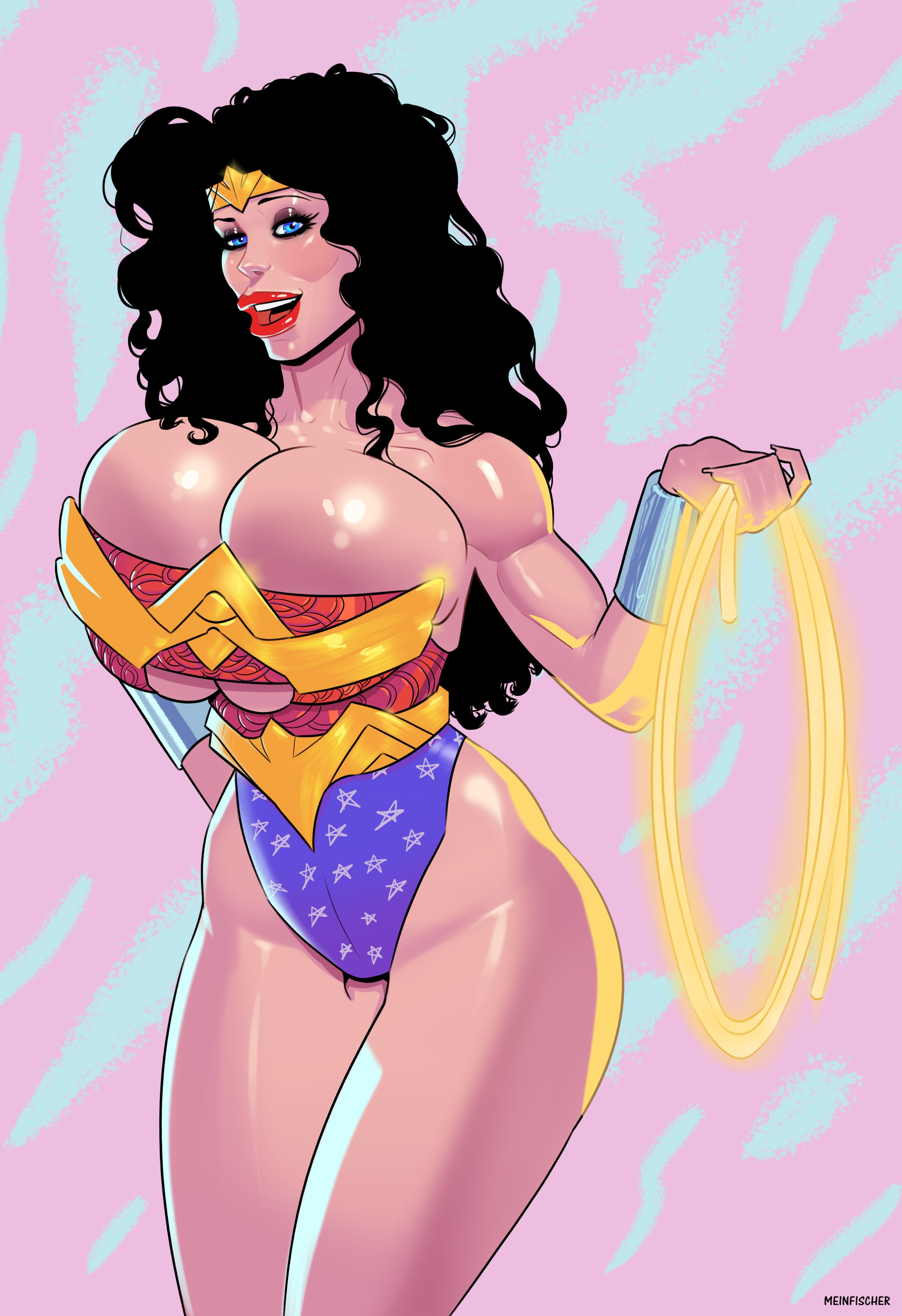 amazon, ass, bare legs, bare shoulders, biceps, big breasts, bimbo, black hair, blue eyes, bracelet, breasts, busty, cleavage, cleavage cutout, corset, dc, dc comics, diana prince, eyeshadow, female, female focus, female only, hourglass figure, huge breasts, large breasts, lasso, leotard, lipstick, long hair, makeup, mascara, meinfischer, overflowing breasts, pinup, pose, posing, sideboob, solo, standing, thick thighs, toned, toned female, underboob, wide hips, wonder woman, wonder woman (series)
