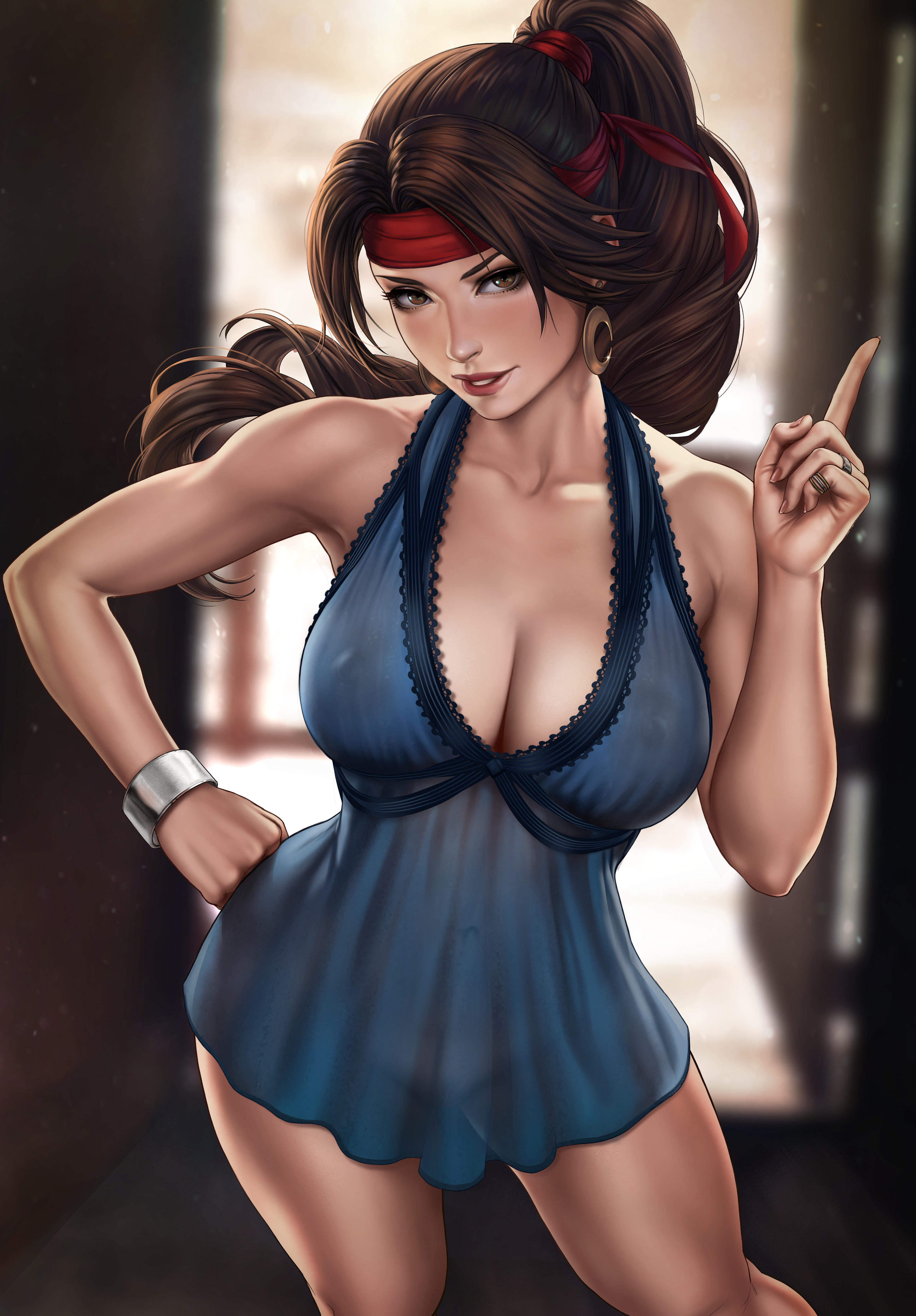 babydoll, blue lingerie, breasts, brown eyes, brown hair, dandon fuga, female, final fantasy, final fantasy vii, final fantasy vii remake, jessie rasberry, lingerie, long hair, nightgown, nude, nude female, pussy, shaved pussy, square enix, thick thighs, transparent clothing, uncensored