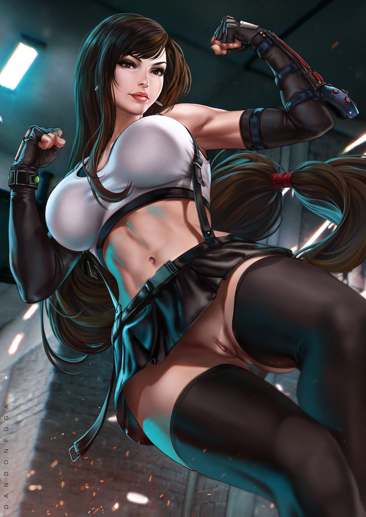 abs, black hair, bottomless, dandon fuga, female, female only, final fantasy, final fantasy vii, final fantasy vii remake, hairless pussy, long hair, miniskirt, no panties, pussy, red eyes, shaved pussy, skirt, solo, square enix, tifa lockhart, toned, toned female, uncensored