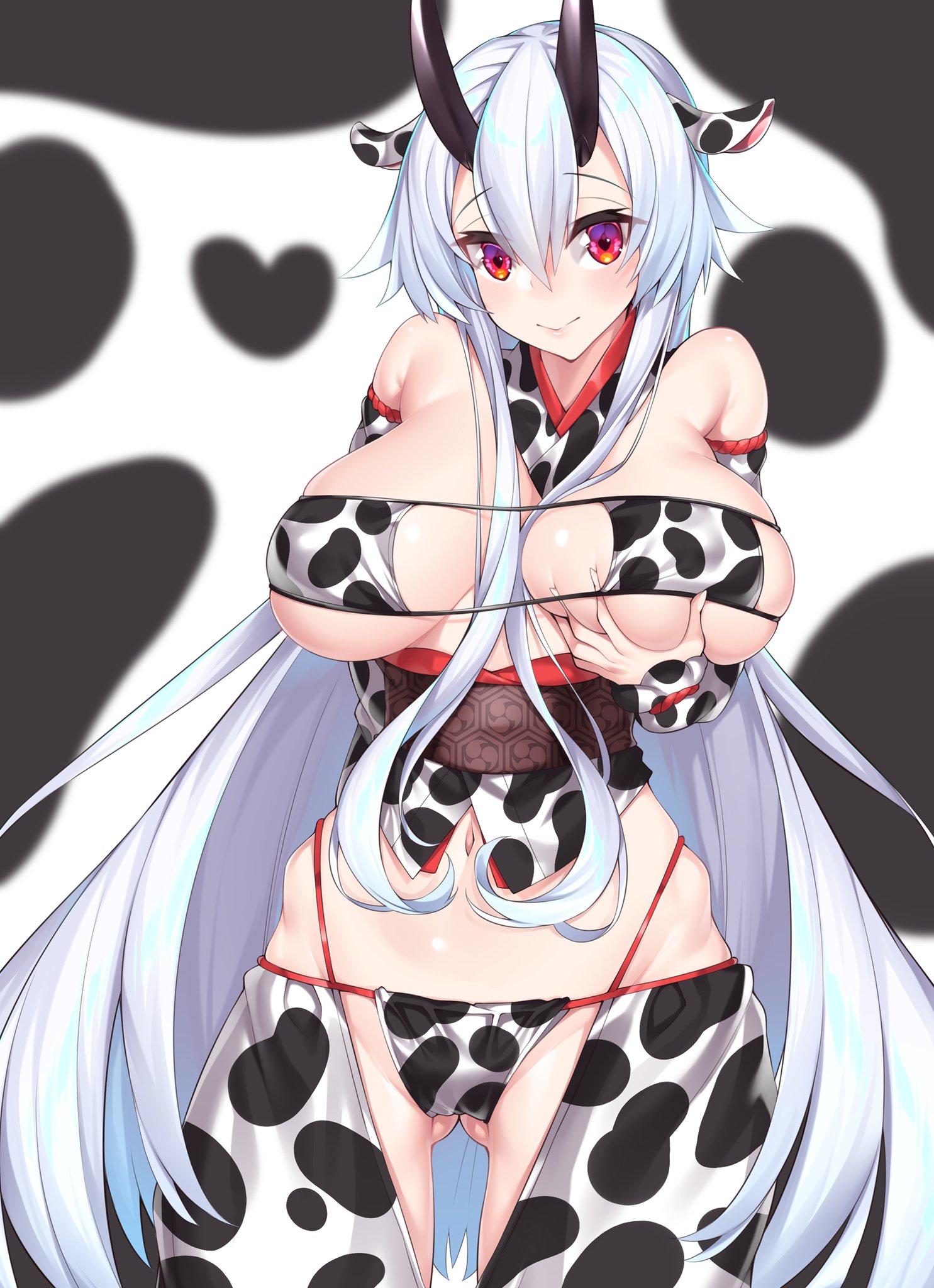 1girls, alternate costume, ass visible through thighs, bikini, breasts, cow bikini, cow ears, cow print, curvy, demon, demon girl, demon horns, eyepatch bikini, fate (series), fate/grand order, female, horns, huge breasts, large breasts, long hair, looking at viewer, silver hair, thick thighs, thighhighs, thighs, tomoe gozen (fate), watosu (watosu mama)