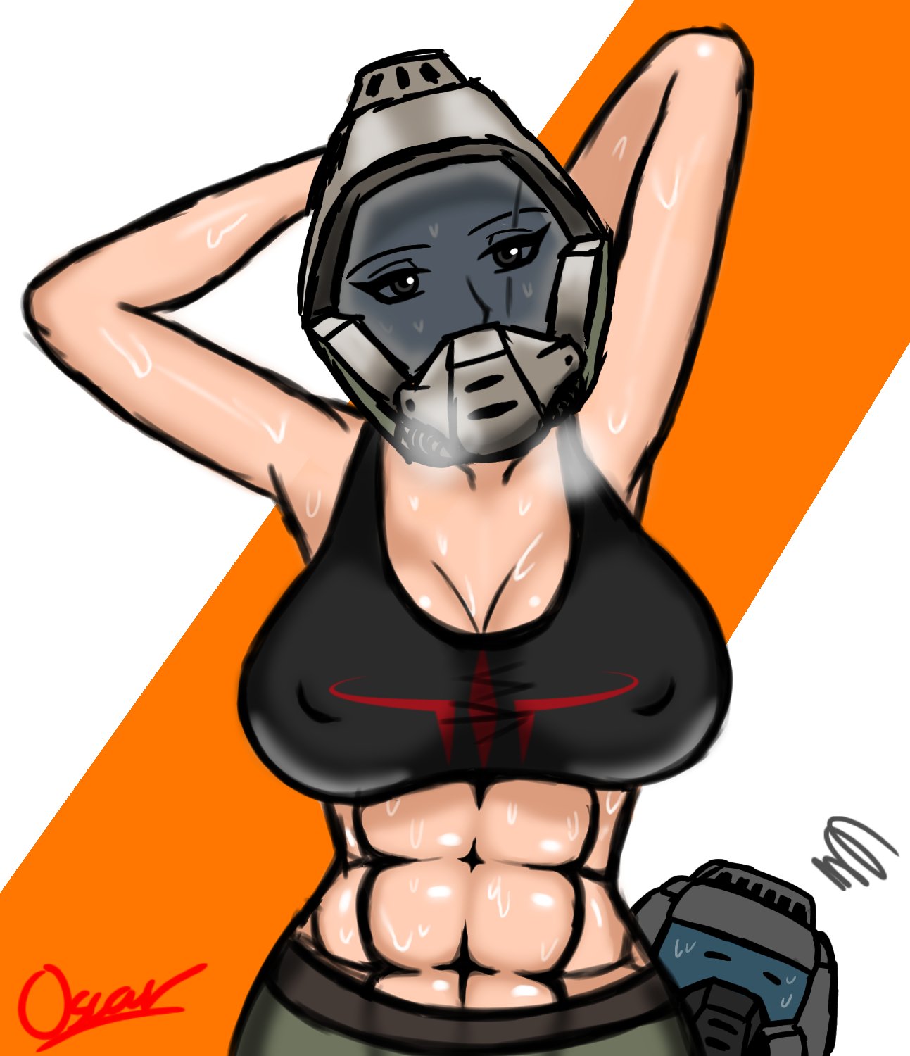 1girls 2020 abs alternate_breast_size armor armpits breasts crash_(quake) crossover datonestarfox2 doom doom_slayer_(doom) eye_contact half-closed_eyes heavy_breathing helmet looking_at_viewer muscular_female quake scar sports_bra sweat text watermark white_skin