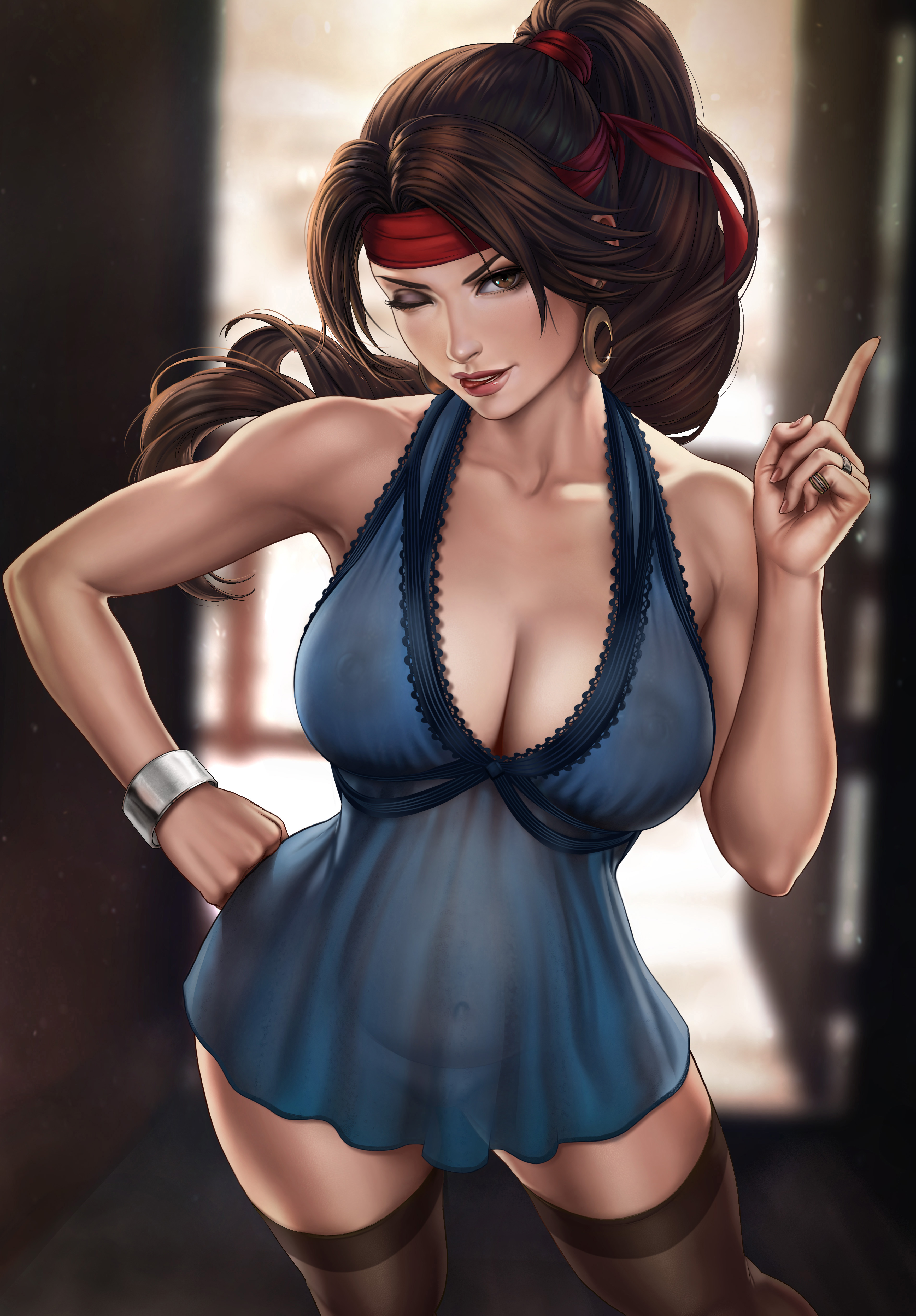 1girls, absurd res, areolae, babydoll, big belly, blue lingerie, breasts, brown eyes, brown hair, cleavage, dandon fuga, earrings, female, female only, final fantasy, final fantasy vii, final fantasy vii remake, jessie rasberry, large breasts, lingerie, looking at viewer, naked stockings, negligee, nightgown, nipples, nipples visible through clothing, pregnant, pussy, ready to pop, see-through, see-through clothing, stockings, thighhighs, thong, wink