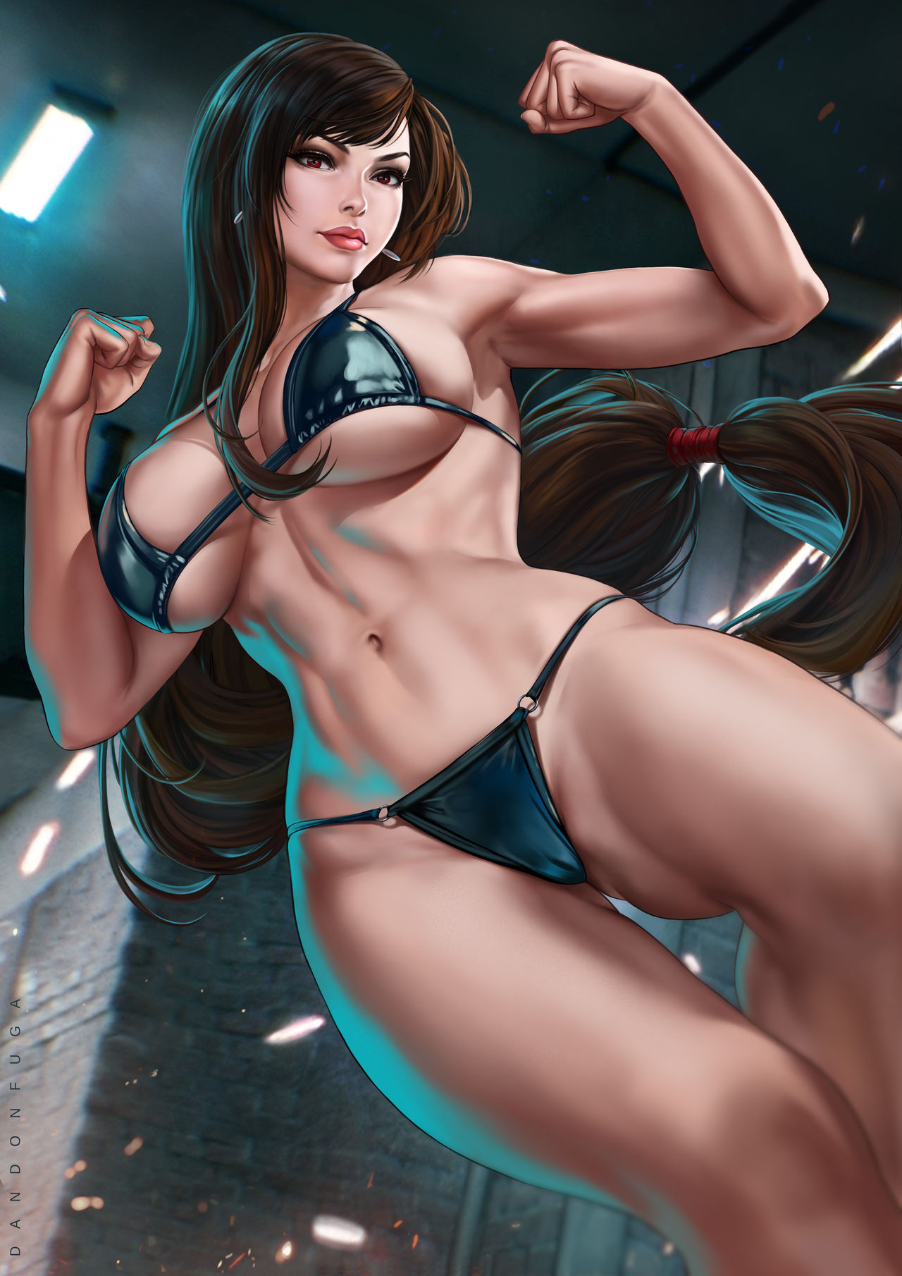 abs, bikini, black hair, breasts, cleavage, dandon fuga, female, female only, final fantasy, final fantasy vii, final fantasy vii remake, large breasts, long hair, red eyes, solo, square enix, thong, thong bikini, tifa lockhart, toned, toned female, very long hair