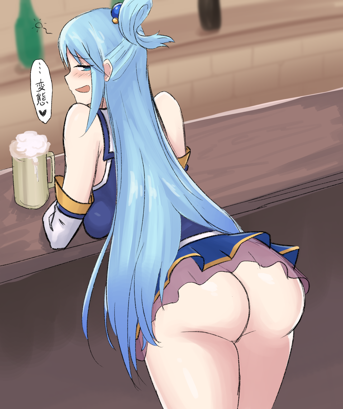 1girls, aqua (konosuba), ass, big ass, big breasts, big butt, blue eyes, blue hair, blush, bottomless, breasts, dress, drunk, female, hair ornament, kono subarashii sekai ni shukufuku wo!, light skin, light-skinned female, long hair, no panties, ogura (take-monhan), pale skin, pale-skinned female, sideboob, speech bubble, text, thick ass, thick thighs, thighs