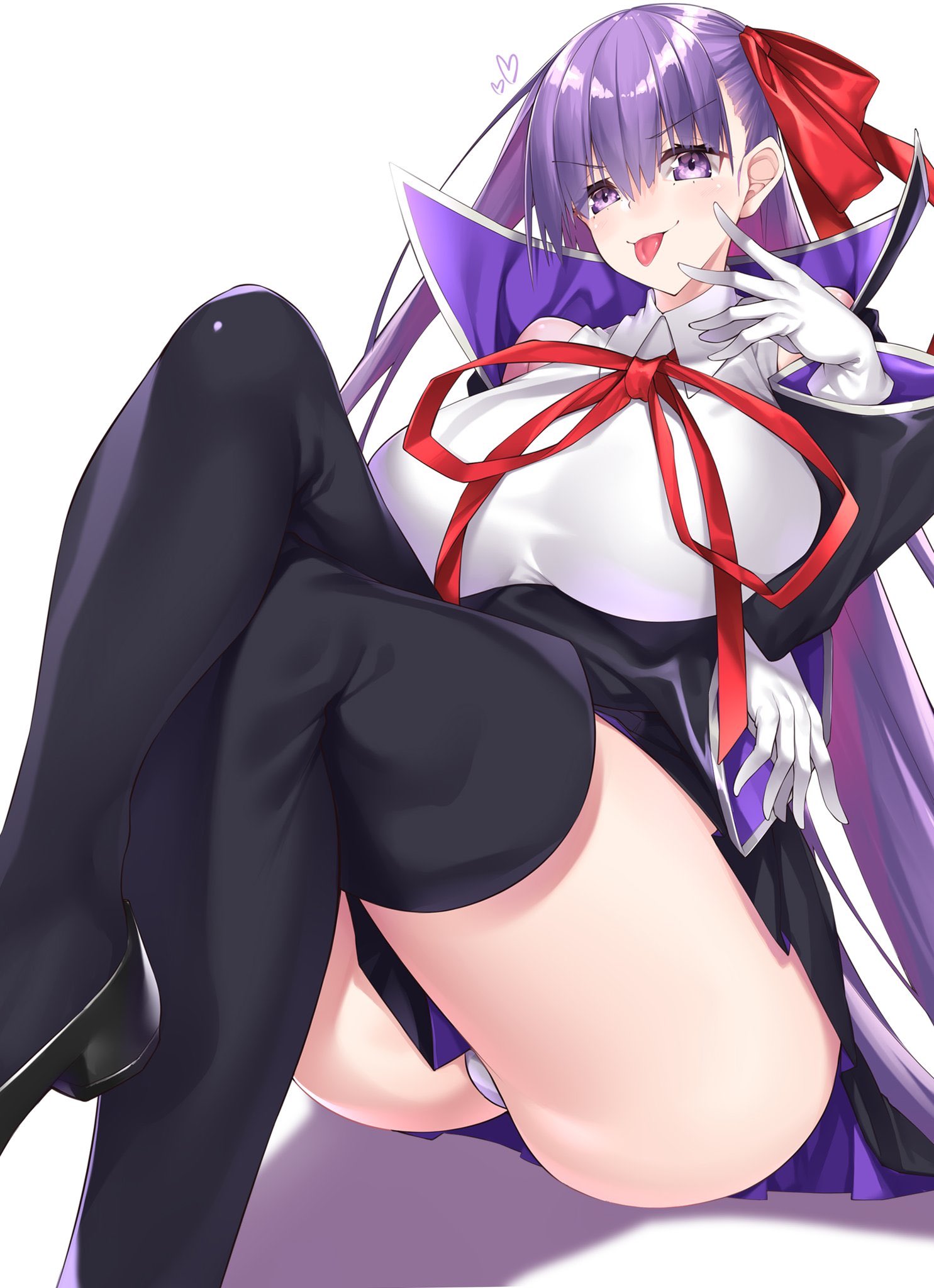 ass, bb (fate), big breasts, breasts, crossed legs, fate (series), fate/extra ccc, fate/grand order, female, gloves, hair ribbon, huge breasts, looking at viewer, panties, purple eyes, purple hair, ribbon, sitting, thighhighs, thighs, tongue, tongue out, watosu (watosu mama)