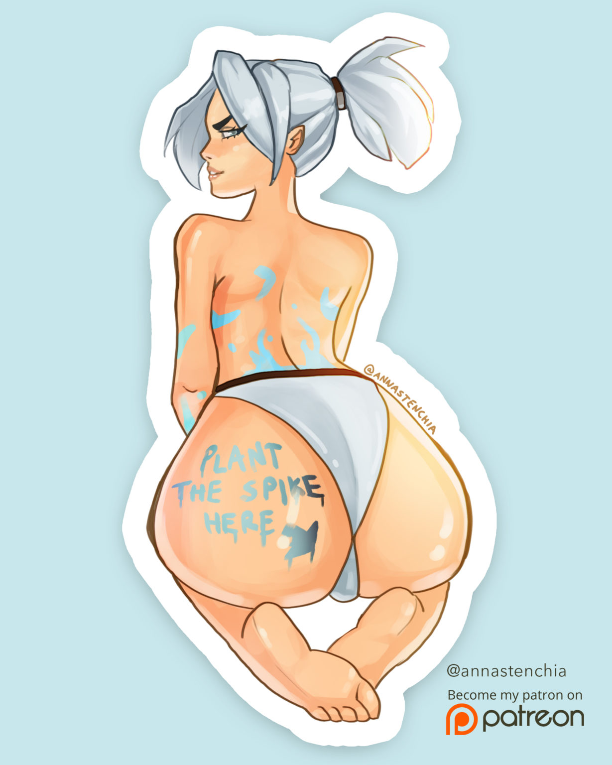 2d, ass, big ass, female, grey eyes, jett (valorant), looking at viewer, riot games, valorant, video game character, white hair