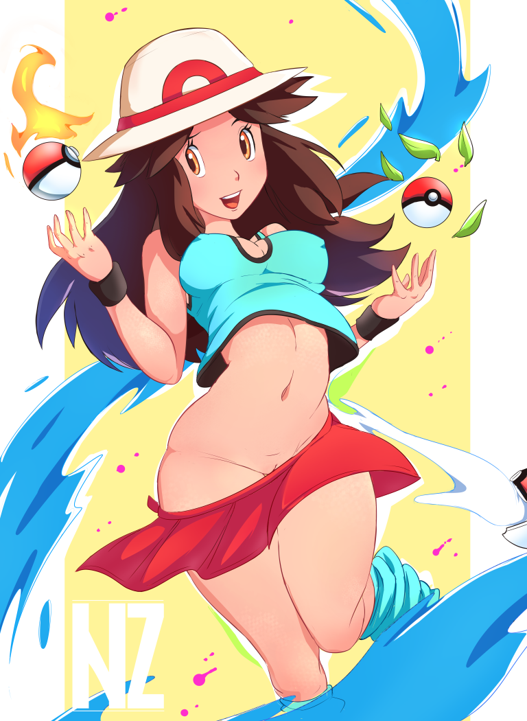 1girls aged_up alternate_breast_size brown_eyes brown_hair erect_nipples erect_nipples_under_clothes hat human leaf_(pokemon) long_hair medium_breasts nintendo no_panties no_pubic_hair nolegal pale_skin pokeball pokemon pokemon_rgby red_skirt skirt skirt_removed solo thick_thighs thighs watermark wide_hips