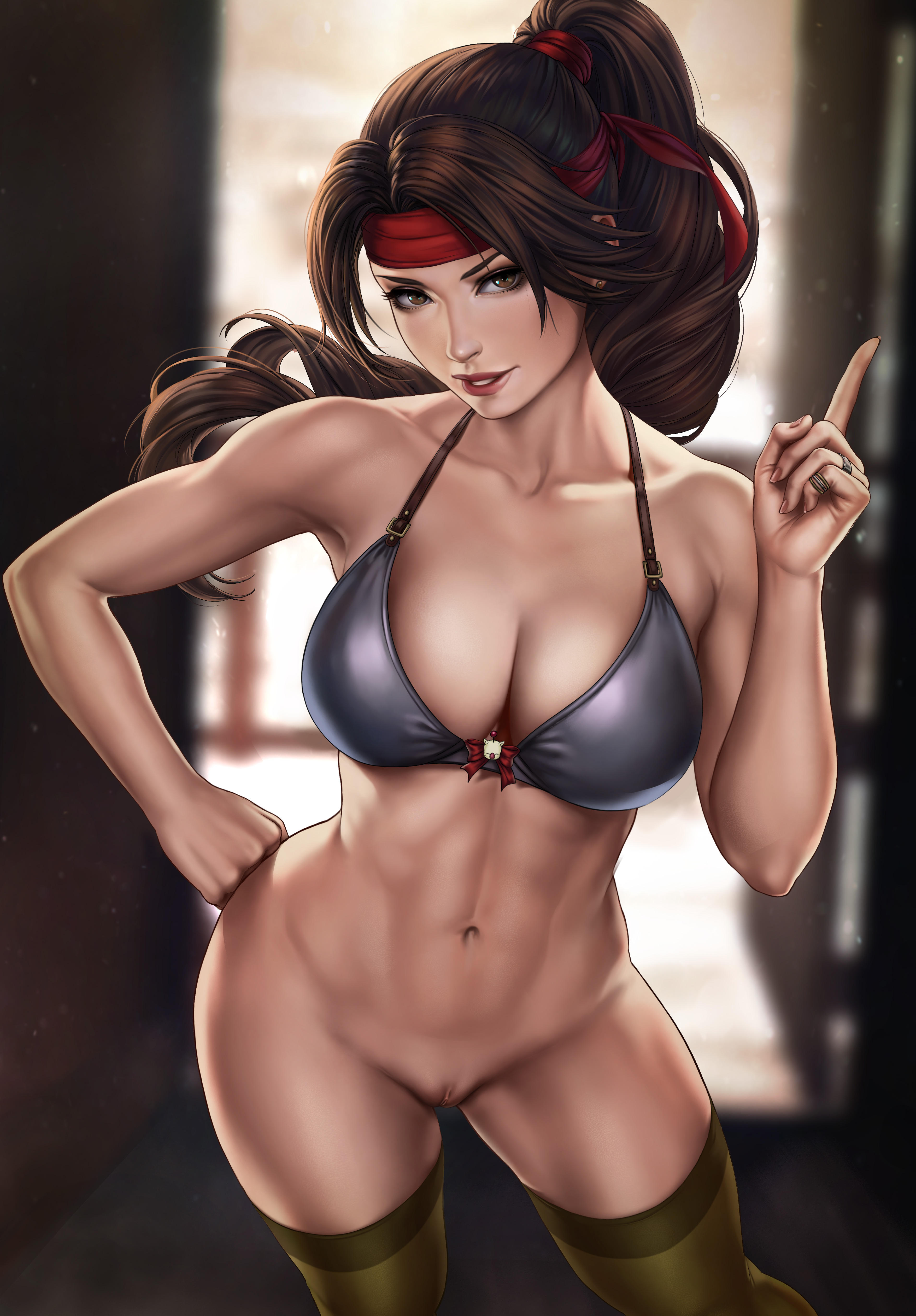 abs, bikini top, bottomless, brown eyes, brown hair, cleavage, dandon fuga, female, final fantasy, final fantasy vii, final fantasy vii remake, hairless pussy, innie, innie pussy, jessie rasberry, long hair, pussy, shaved pussy, square enix, toned, toned female, uncensored, waxed, waxed pussy