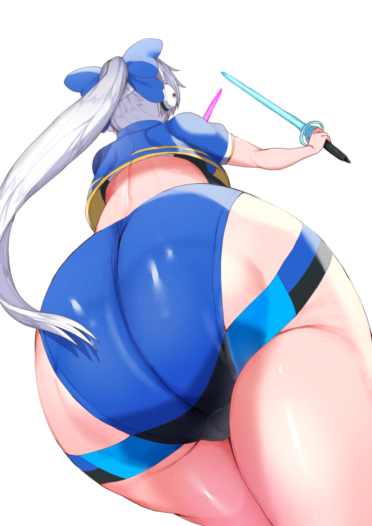 1girls, ass, ass focus, big ass, bottom heavy, fate (series), fate/grand order, female, hair ribbon, huge ass, long hair, ponytail, sikijou77o, skj 77o, standing, thick thighs, thighs, tomoe gozen (fate), tomoe gozen (swimsuit saber), white background