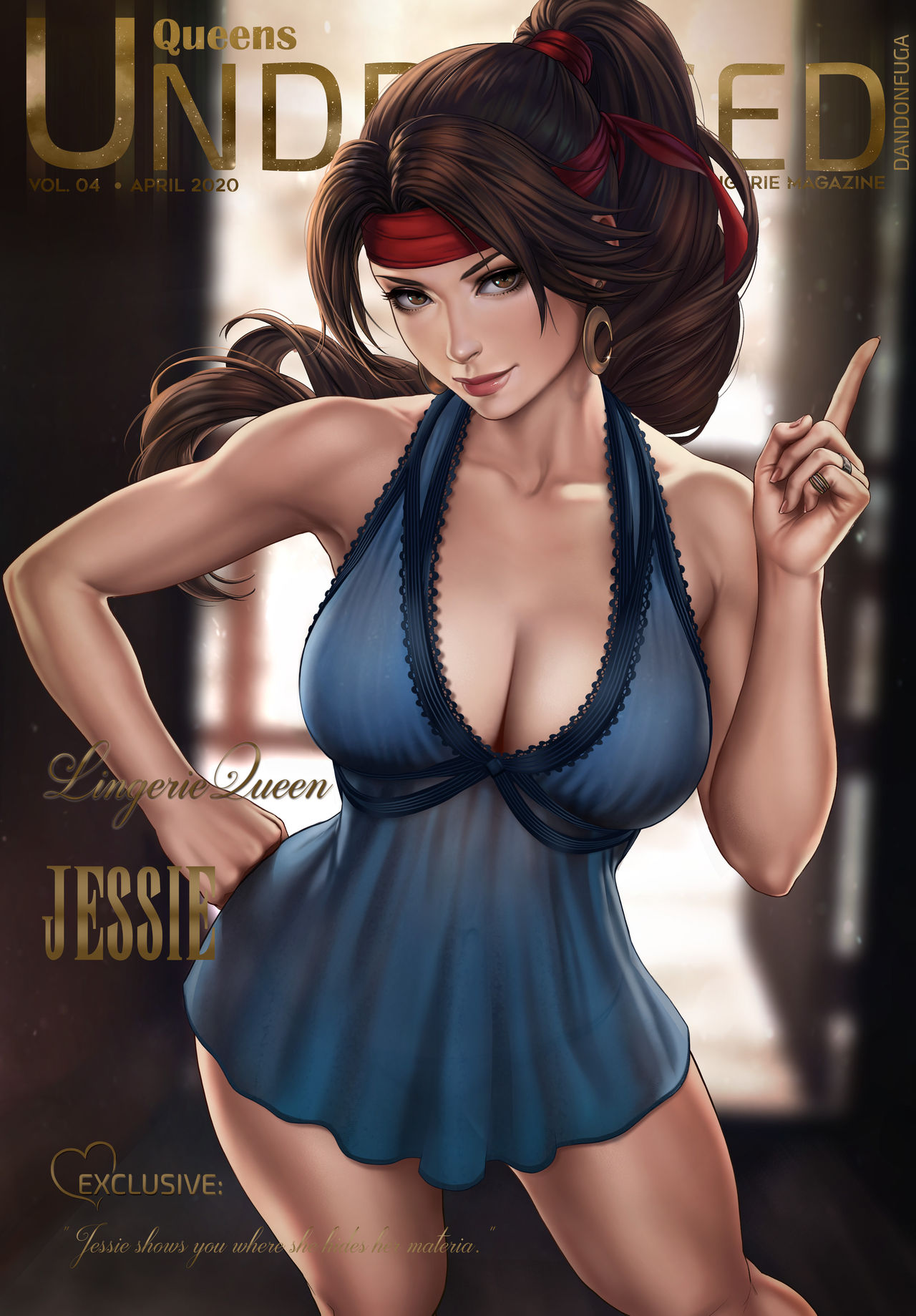 babydoll, big breasts, blue lingerie, breasts, brown eyes, brown hair, cleavage, dandon fuga, female, final fantasy, final fantasy vii, final fantasy vii remake, hairband, jessie rasberry, large breasts, lingerie, long hair, magazine cover, panties, small panties, square enix, thick thighs, thong, transparent clothing