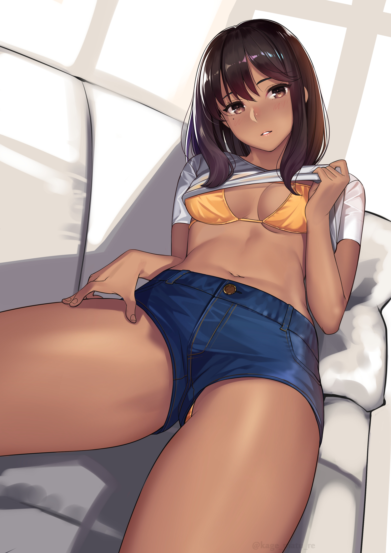 1girls, bikini, bikini top, bikini under clothes, blush, breasts, brown eyes, brown hair, dark skin, dark-skinned female, denim, denim shorts, female, female only, fully clothed, hand on leg, highres, kagematsuri, lifted by self, long hair, looking at viewer, lying, medium breasts, mole, mole under eye, navel, on back, orange bikini, original, parted lips, shirt lift, short sleeves, shorts, swimsuit, tan, twitter username