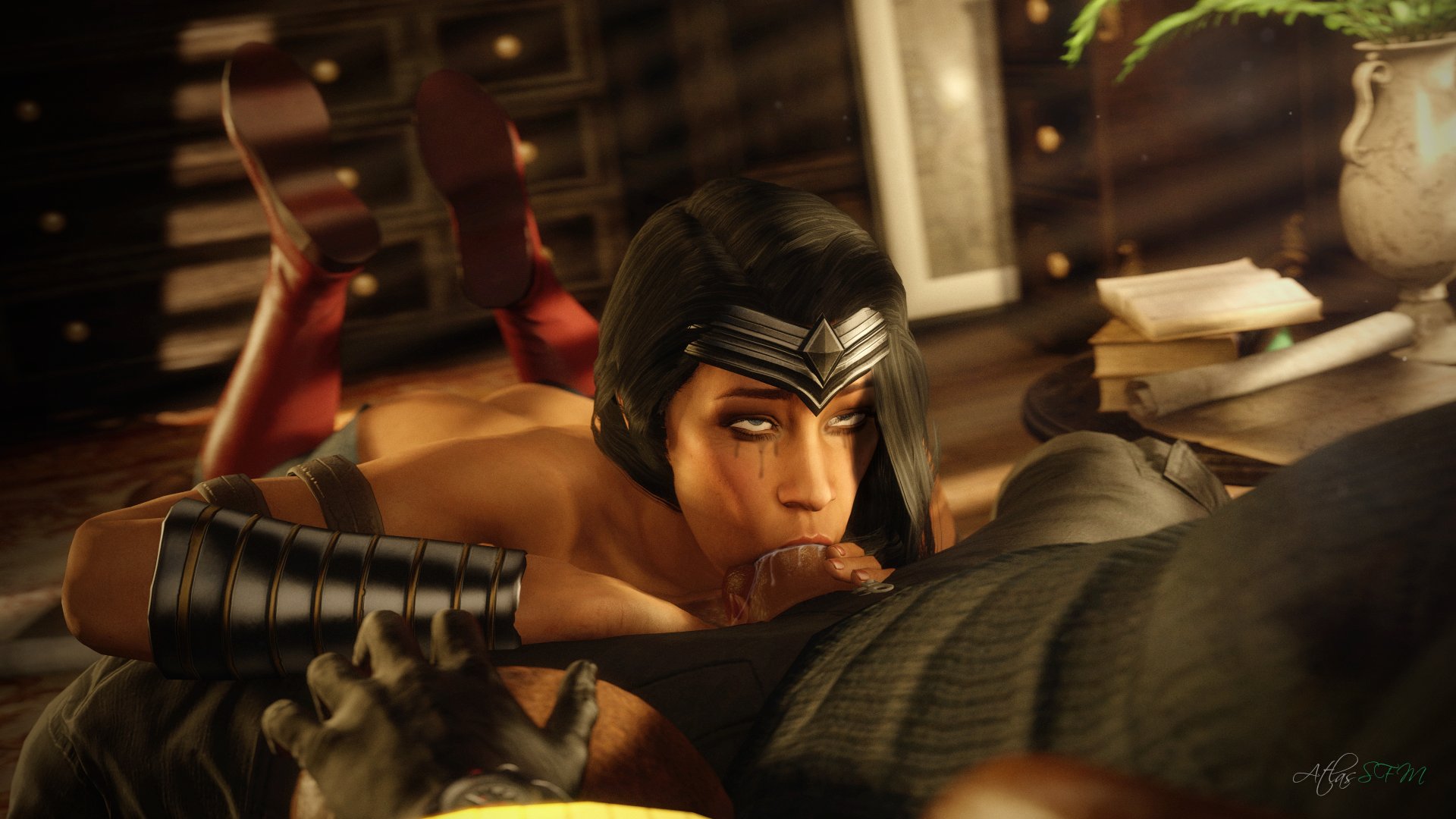 1boy, 1girls, 3d, atlassfm, dc, dc comics, deepthroat, diana prince, erection, fellatio, female, injustice 2, male, olive skin, oral, penis, runny makeup, source filmmaker, straight, wonder woman, wonder woman (series)