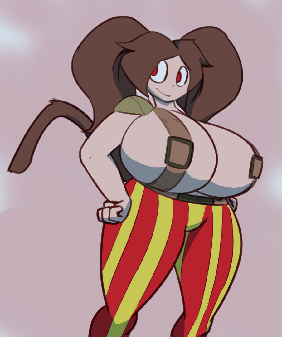 belt belt_buckle bloxwhater breasts brown_hair cleavage female female_focus female_only huge_breasts monkey_tail mooki_(bloxwhater) original original_character plaga red_eyes shoulder_pads smile strap striped striped_legwear tail thick_thighs thighs tied_hair twintails