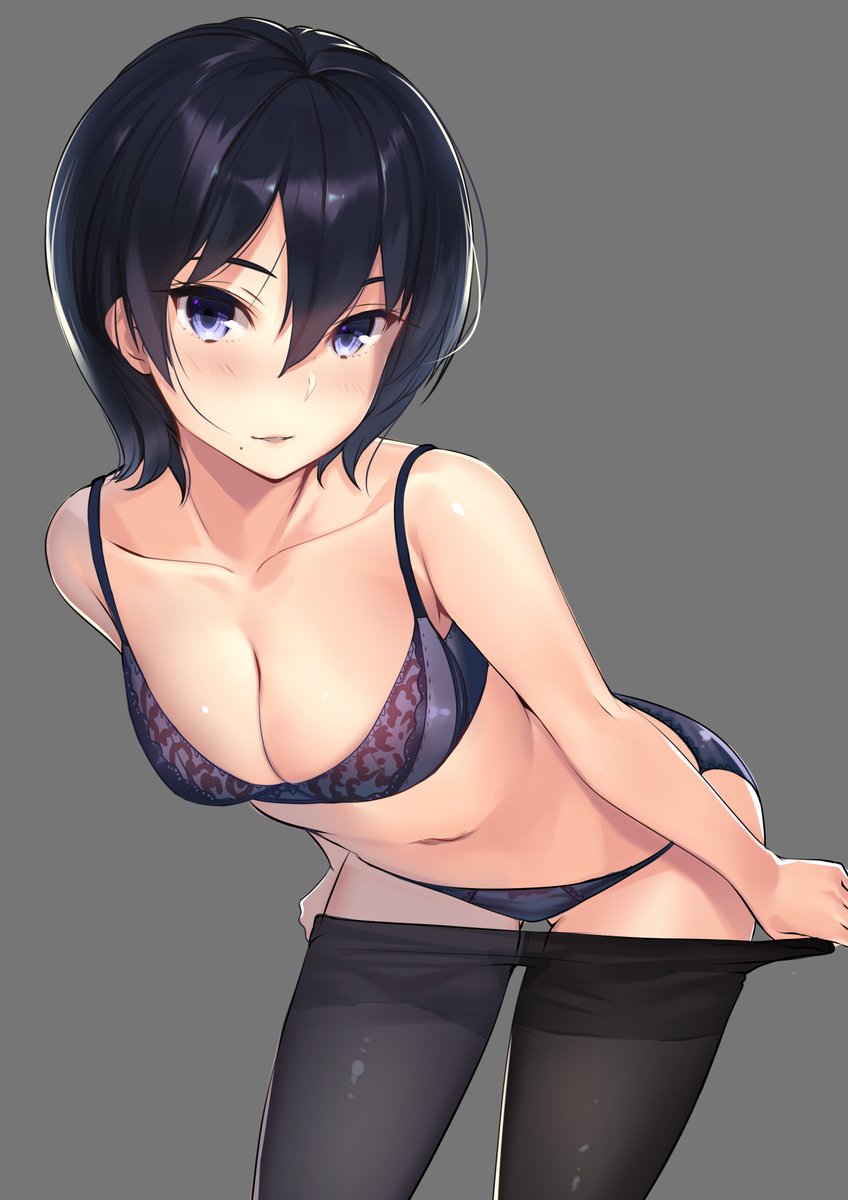 1girls bent_over black_hair blush bra breasts cleavage collarbone female female_only gluteal_fold grey_background hair_between_eyes highres kagematsuri leaning_forward looking_at_viewer medium_breasts mole mole_under_mouth original panties pantyhose pantyhose_pull parted_lips purple_bra purple_eyes purple_panties short_hair simple_background smile solo thighband_pantyhose underwear underwear_only