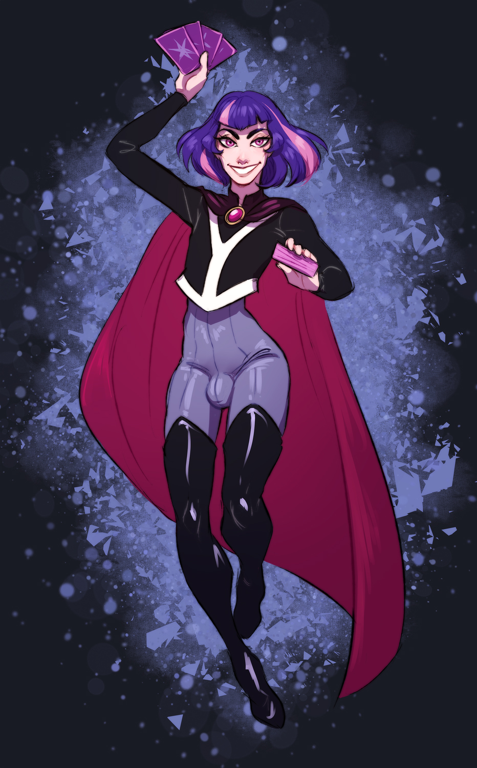 1boy, bangs, blunt bangs, bob cut, bodysuit under clothes, bulge, cape, card, crop top, dc, dc comics, dc super hero girls, earth 11, femboy, genderswap, genderswap (ftm), grin, highlights, male, male only, pink eyes, pink hair, purple hair, ripushko, rule 63, skin tight, smile, solo, supehero, thigh boots, zatanna, zee zatara