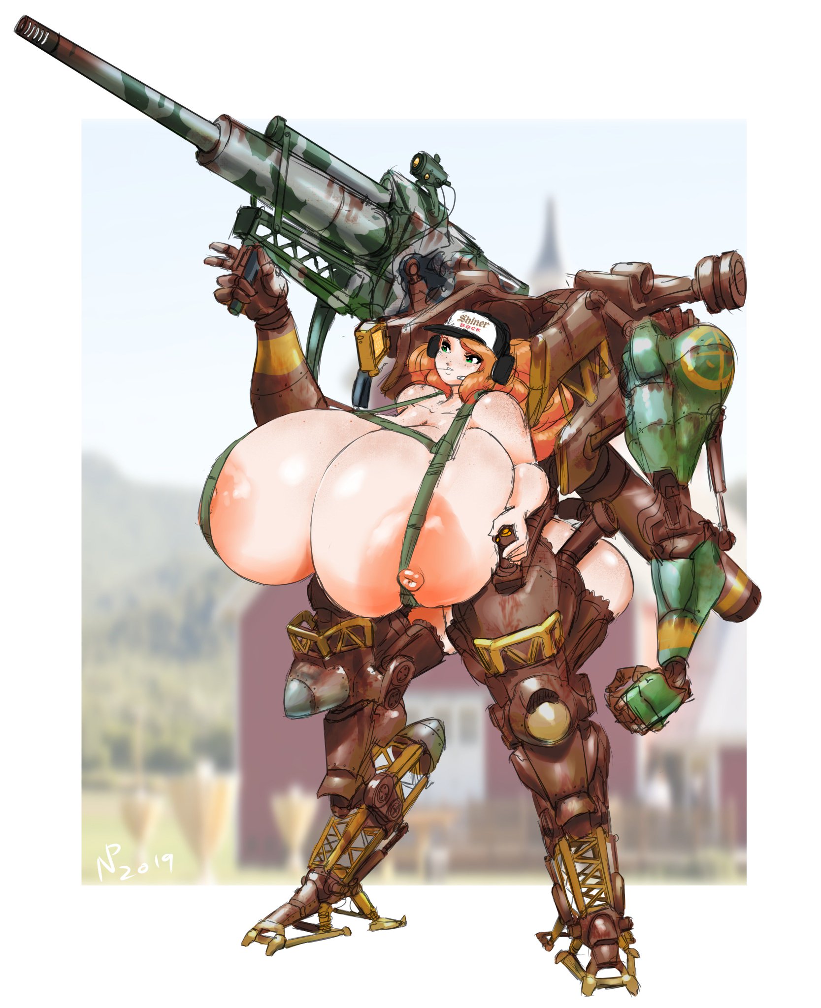 1girls, baseball cap, big breasts, breasts, cap, earphones, female, female only, gausscannon, gun, huge areolae, huge breasts, hyper breasts, large breasts, lindsey mcallister, long hair, mecha, nipples, orange hair, ranged weapon, robot, simple background, solo, standing, topless, weapon