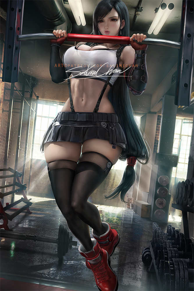 1girls, 2020, abs, big breasts, black hair, breasts, cleavage, clothed, exercise, exercise equipment, female, female only, final fantasy, final fantasy vii, final fantasy vii remake, large breasts, long hair, red eyes, sakimichan, solo, square enix, thick thighs, thighhighs, tifa, tifa lockhart
