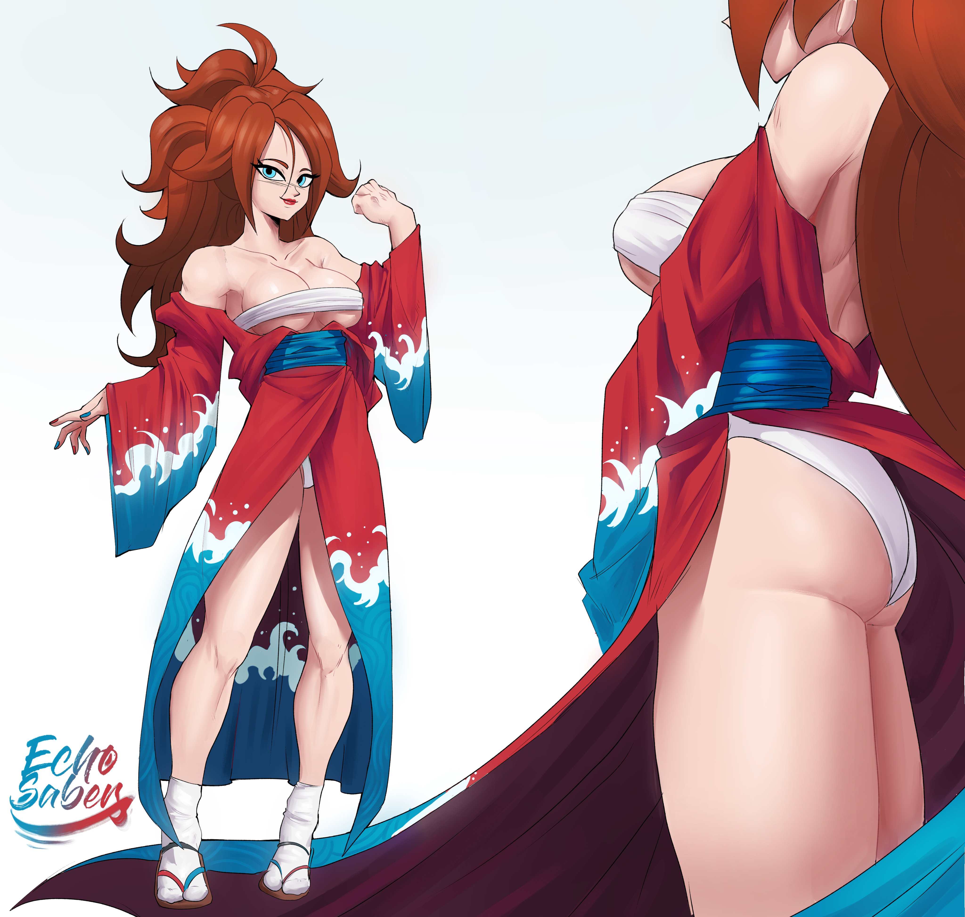 1girls, android, android 21, android 21 (human), ass, big ass, big breasts, blue eyes, blue nails, breasts, brown hair, dragon ball, dragon ball fighterz, echosaber, female, female only, fully clothed, kimono, lipstick, long hair, mature female, nail polish, nipples, nipples visible through clothing, open toe shoes, red lipstick, red nails, socks, solo, solo female, solo focus, thick thighs